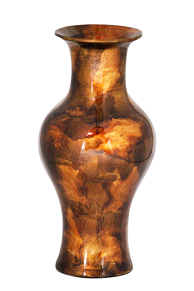 9.5" X 9.5" X 18" Copper Brown And Orange Ceramic Foiled and Lacquered Ceramic Vase