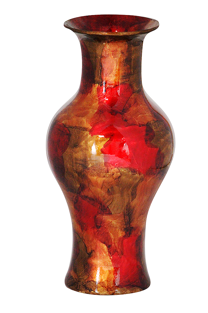 9.5" X 9.5" X 18" Copper Red And Gold Ceramic Foiled and Lacquered Ceramic Vase