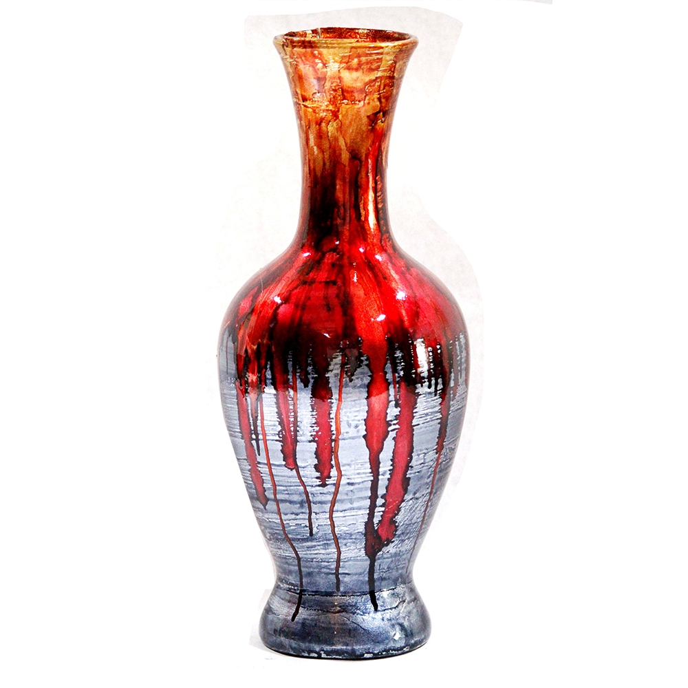 8.25" X 8.25" X 20" Red And Gray Ceramic Foiled and Lacquered Ceramic Vase