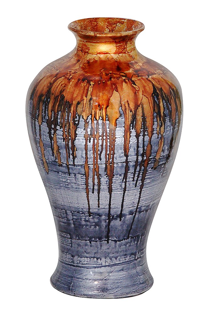 14.5" X 14.5" X 23.5" Copper And Pewter Ceramic Foiled and Lacquered Ceramic Floor Vase