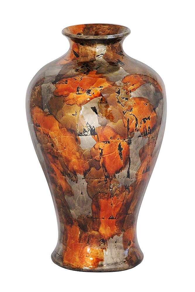 14.5" X 14.5" X 23.5" Copper Bronze And Pewter with Black Show Through Ceramic Foiled and Lacquered Ceramic Floor Vase