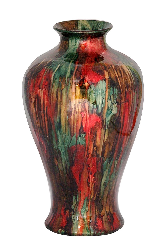 14.5" X 14.5" X 23.5" Red Brown And Green Ceramic Foiled and Lacquered Ceramic Floor Vase