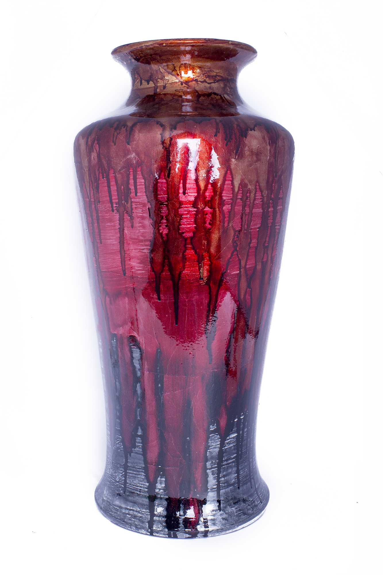 7" X 7" X 24.5" Red And Gray Ceramic Floor Vase