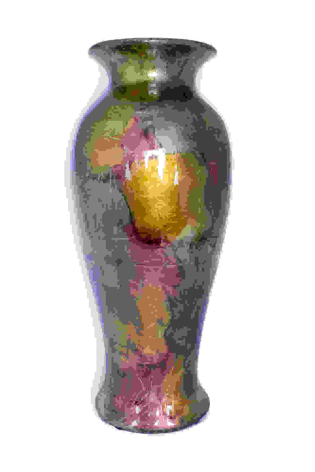 12.75" X 12.75" X 30.75" Burgundy Copper And Brown Ceramic Foiled and Lacquered Ceramic Vase