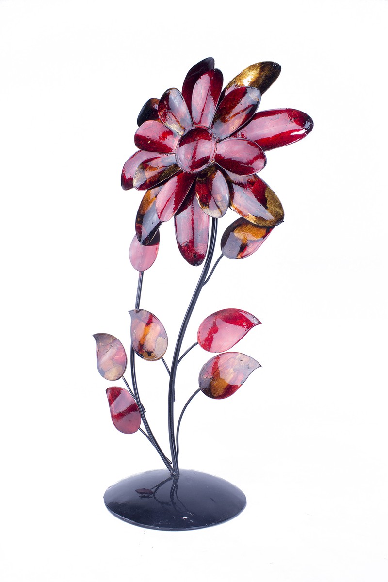 Bo Red Copper and Orange Metal Flower Table Sculpture