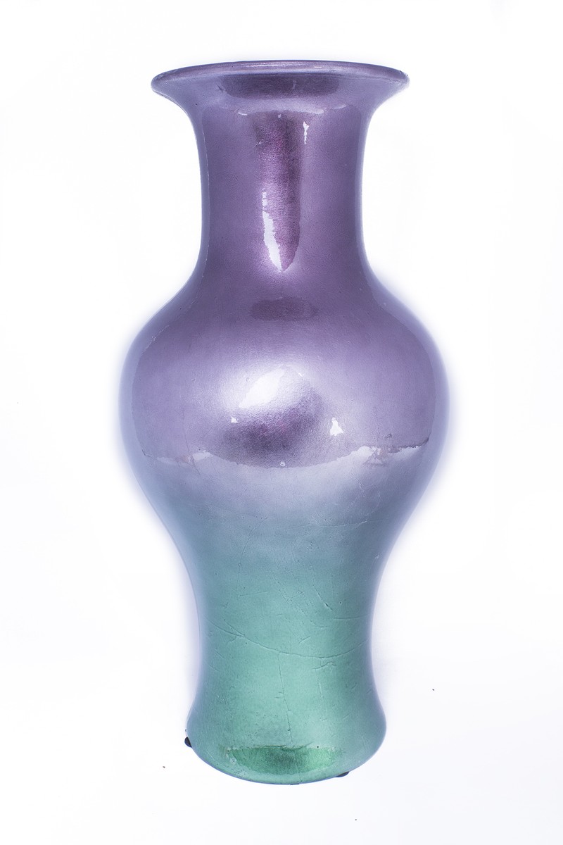13" X 13" X 18" Purple And Aqua Ceramic Lacquered Ceramic Vase