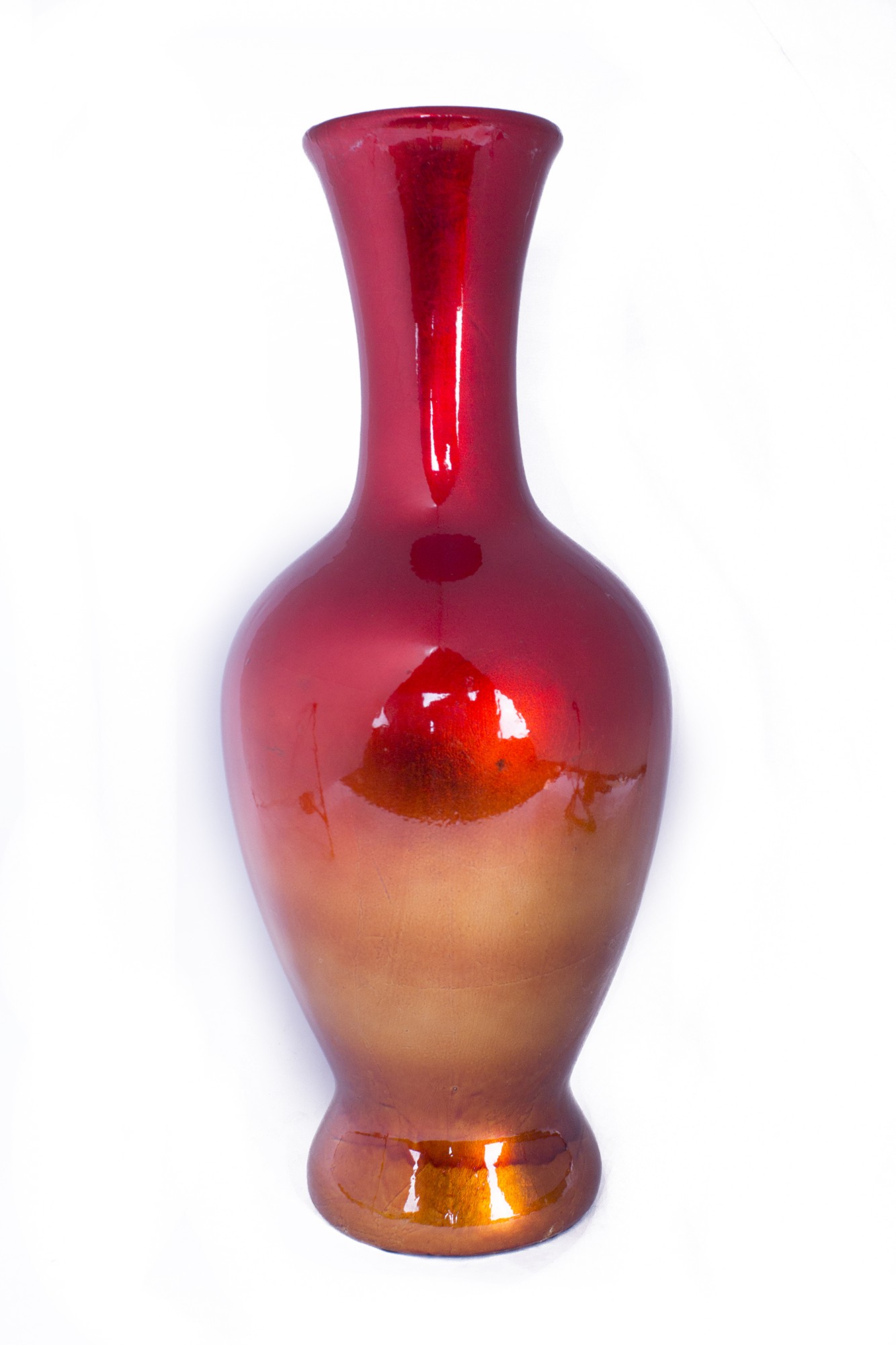 11" X 11" X 25" Red And Orange Ceramic Lacquered Ceramic Vase