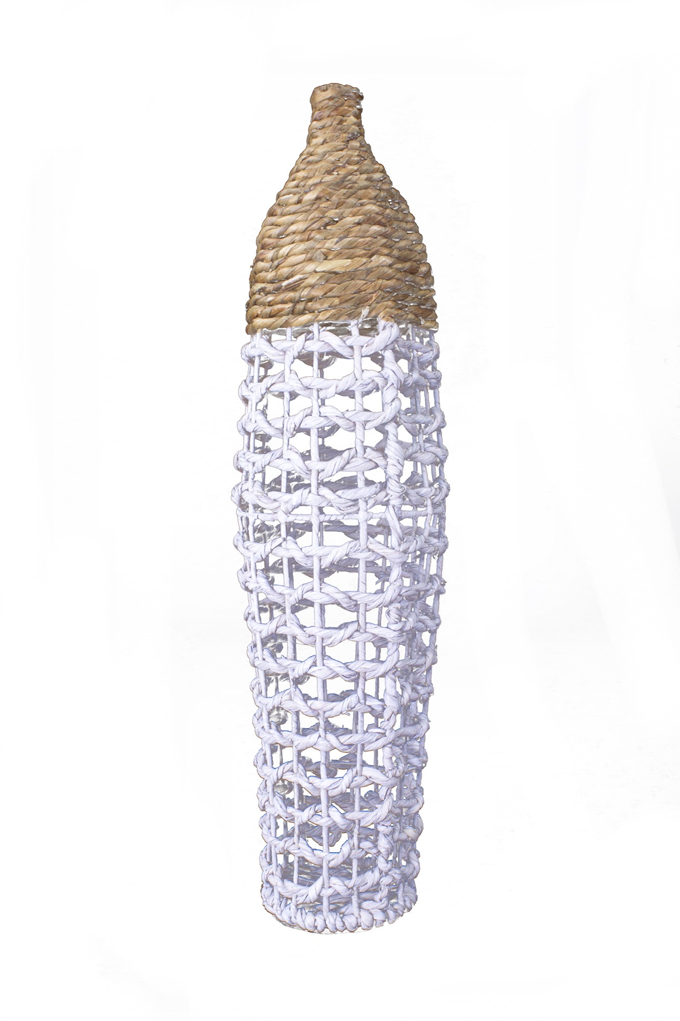 11" X 11" X 38" White And Natural Water Hyacinth Water Hyacinth Woven Floor Vase