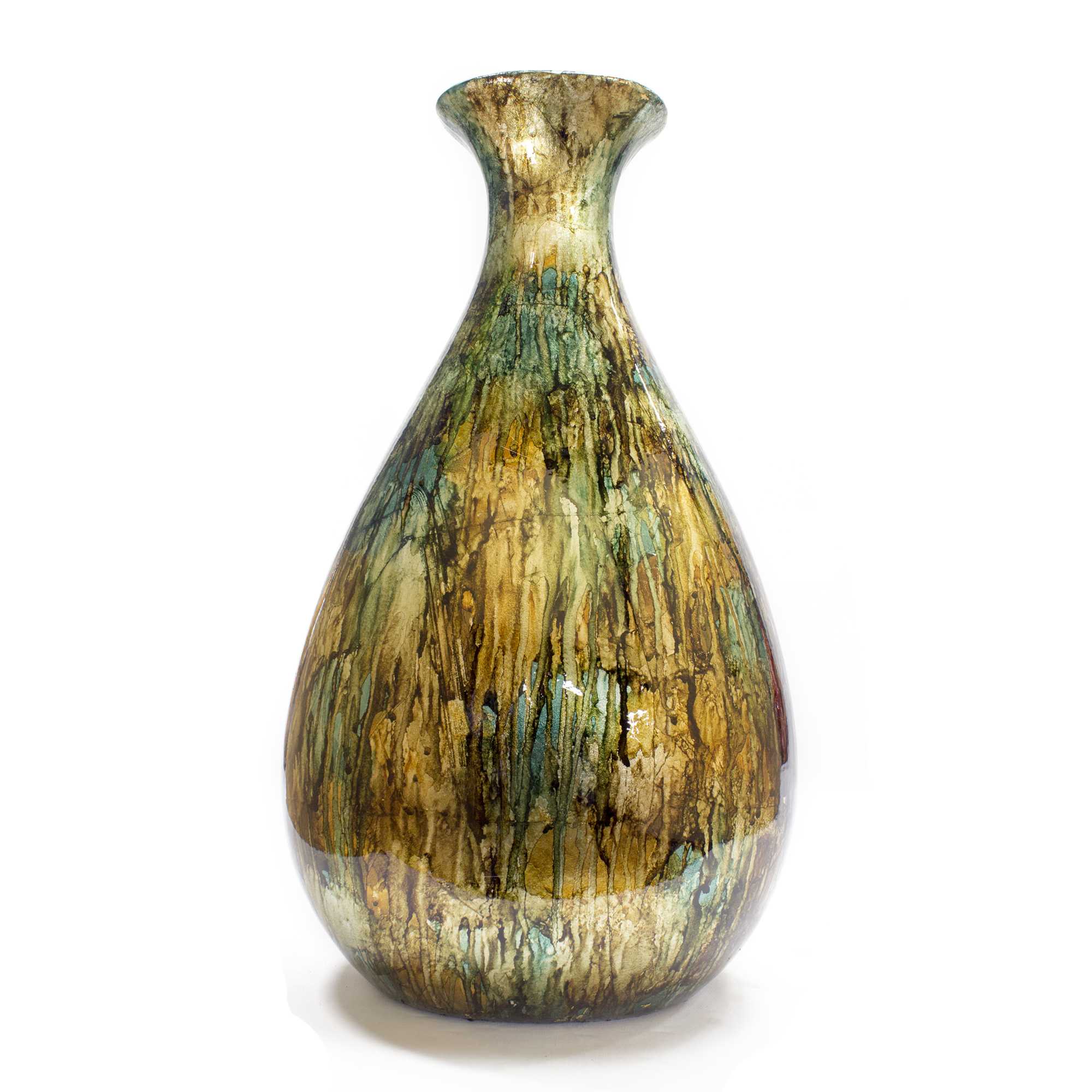 9" X 6.25" X 18.5" Turquoise Copper and Bronze Ceramic Floor Vase