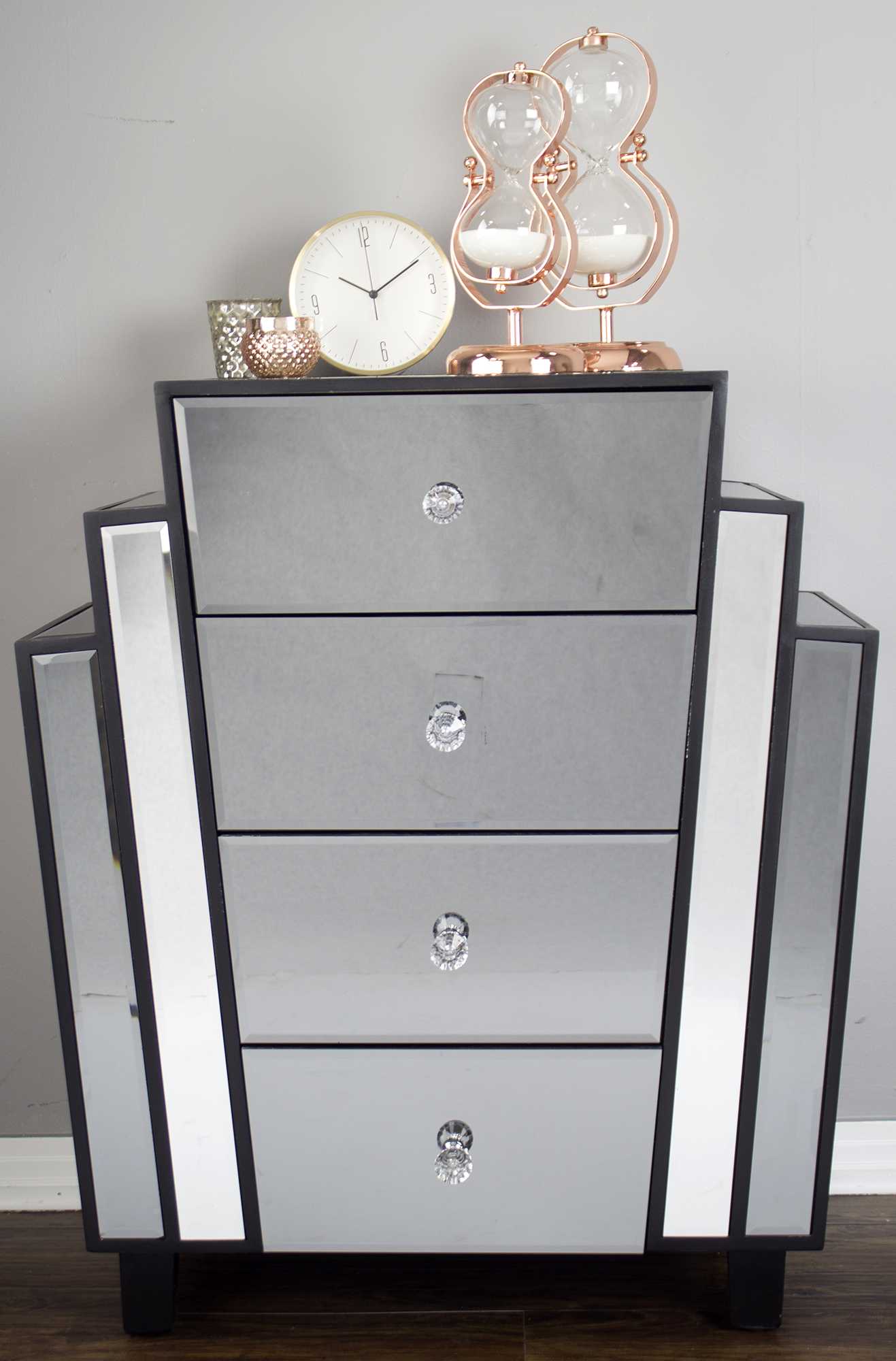 Grey with Grey Washed Water Hyacinth MDF Wood Mirrored Glass Accent Cabinet with Drawers
