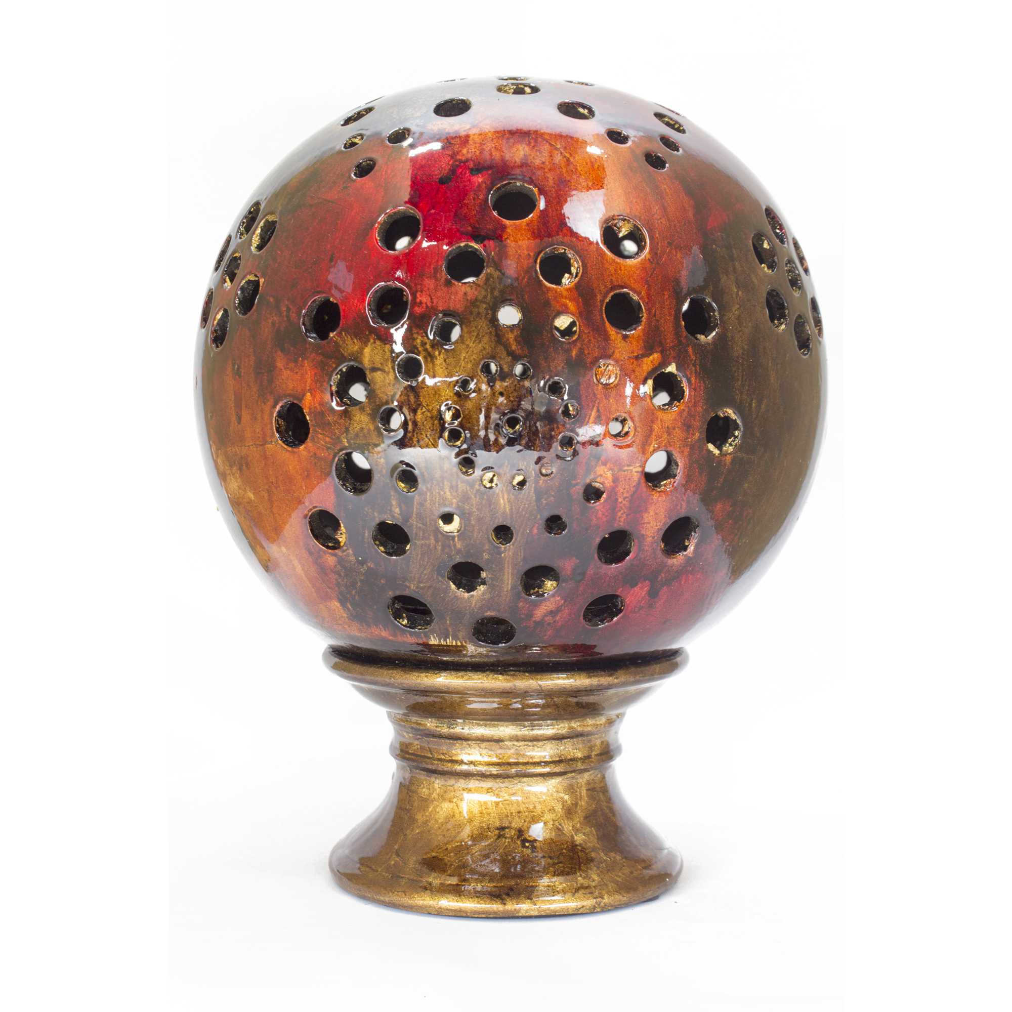 8.75" X 8.75" X 12" Copper Red Gold Ceramic Foiled and Lacquered Globe Candleholder
