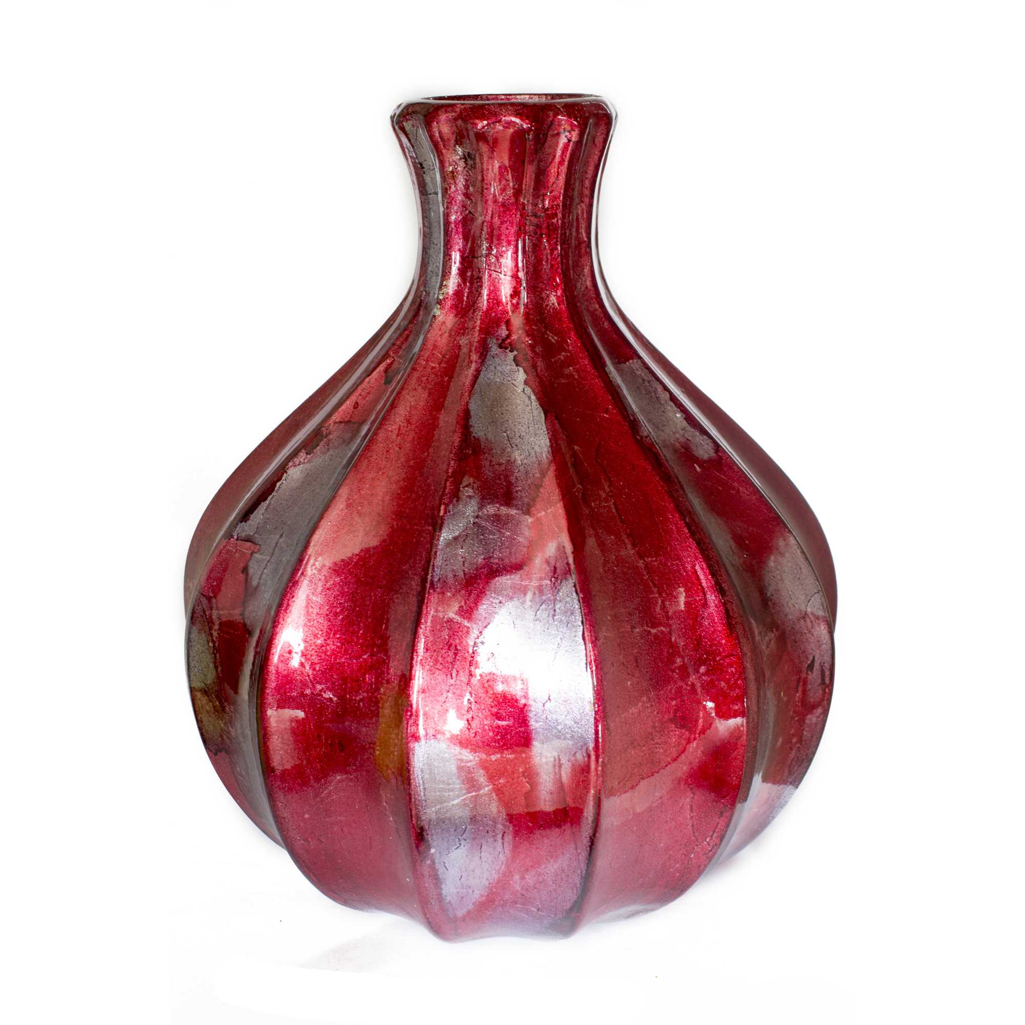 8.75" X 8.75" X 10" Red Ceramic Foiled and Lacquered Gourd Vase