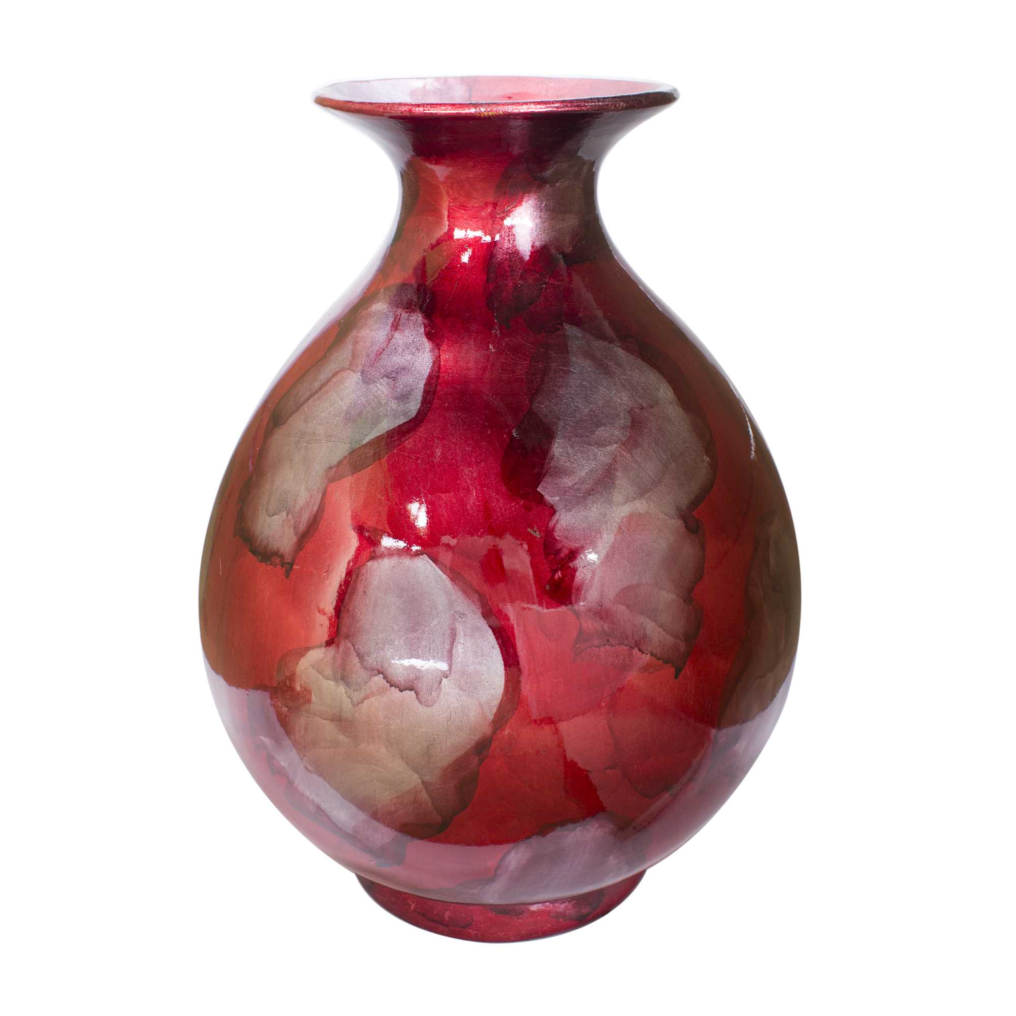 14.5" X 14.5" X 19" Red Ceramic Foiled and Lacquered Round Water Jar Vase