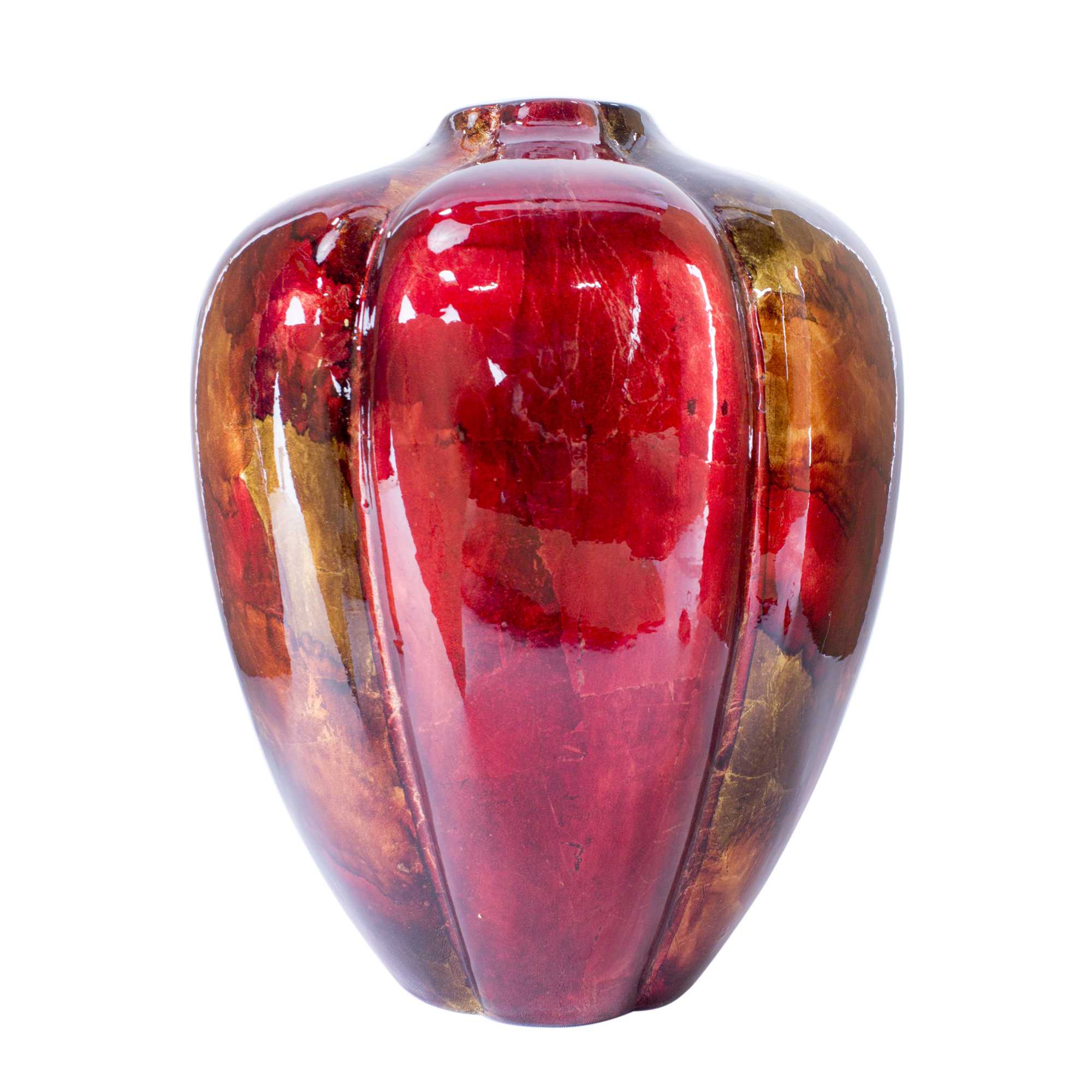 9.75" X 9.75" X 11.75" Copper Red Gold Ceramic Foiled and Lacquered Sculpted Gourd Vase