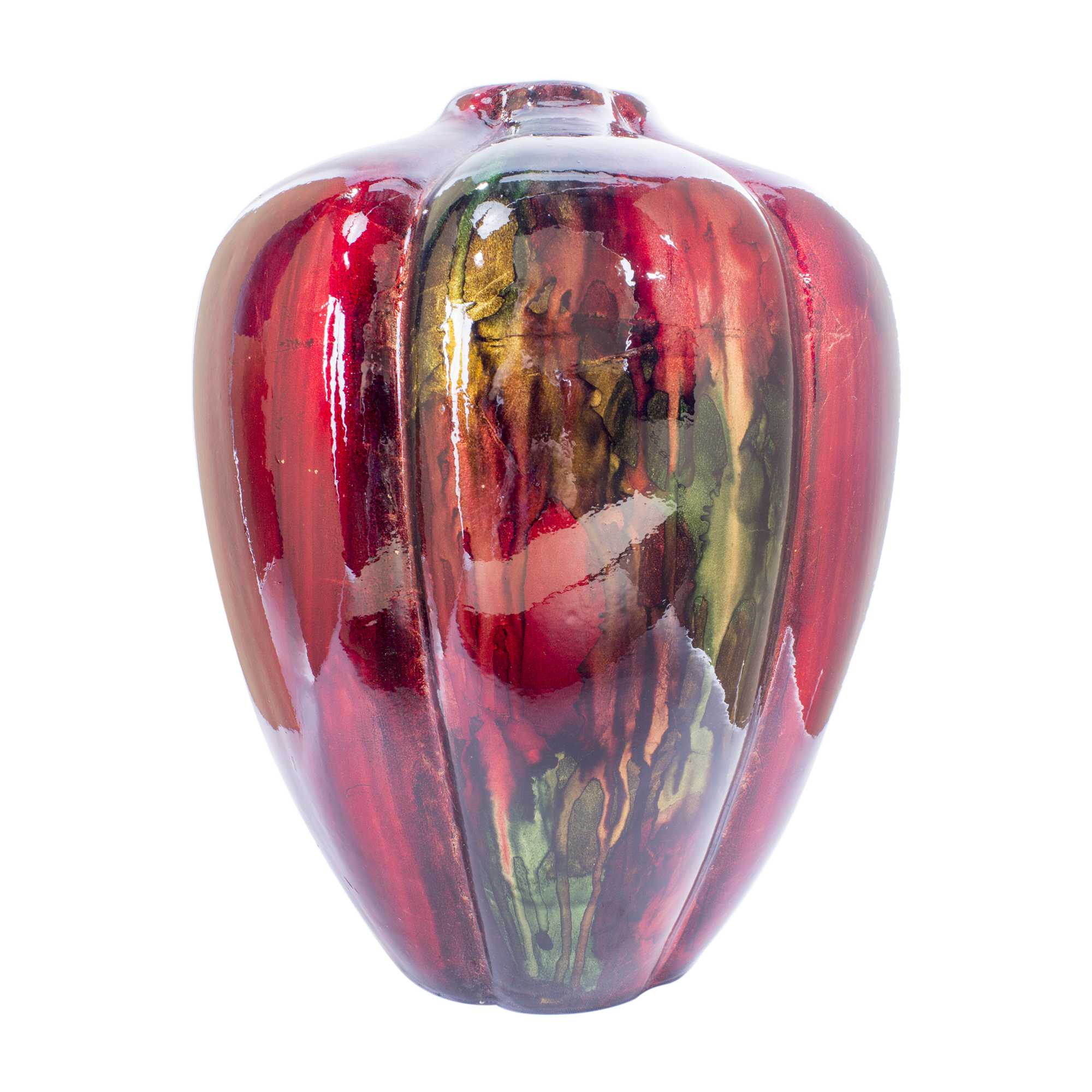 Lia Red Green Bronze Ceramic Foil and Lacquer Sculpted Gourd Vase