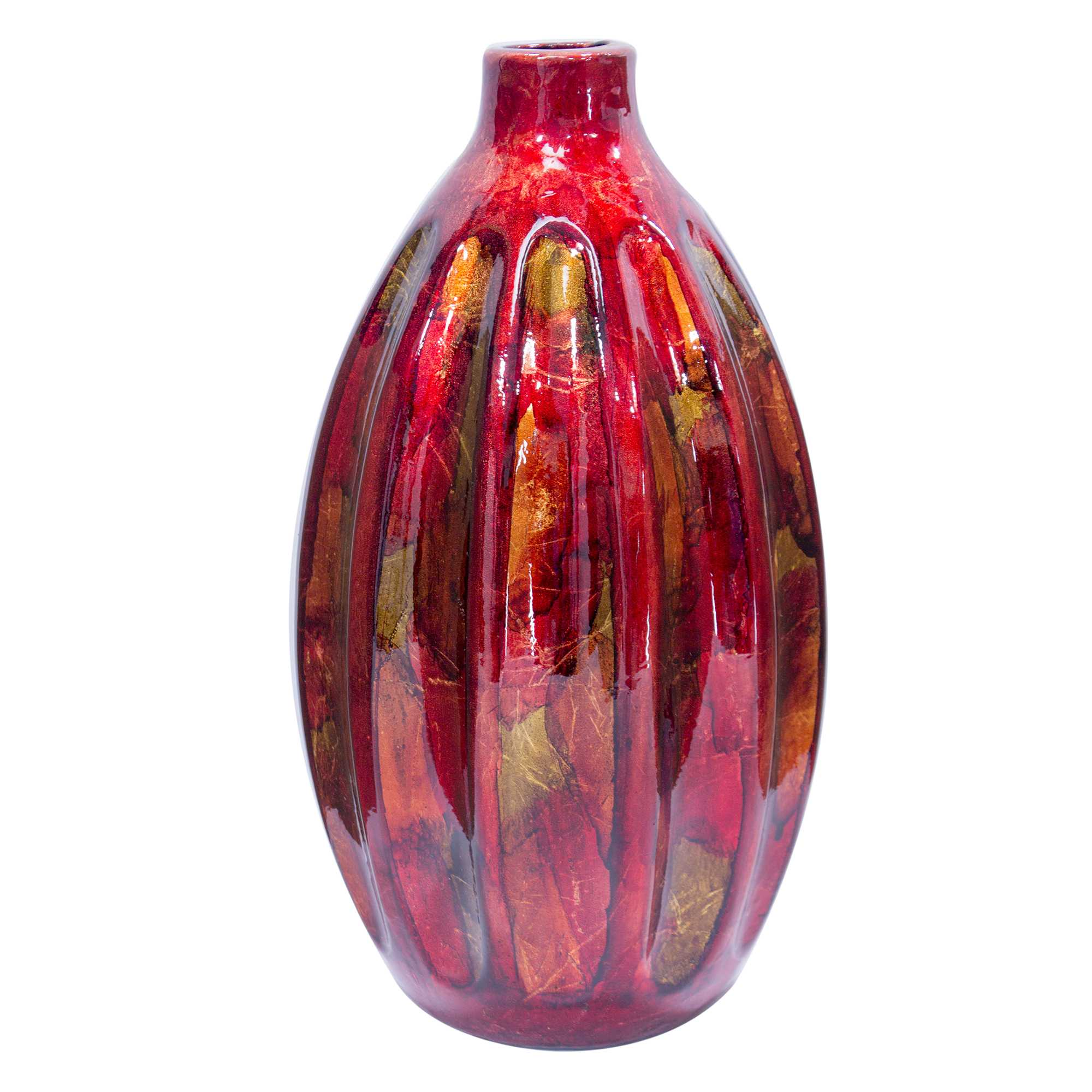 Gia Copper Red Gold Ceramic Foil and Lacquer Ridged Vase