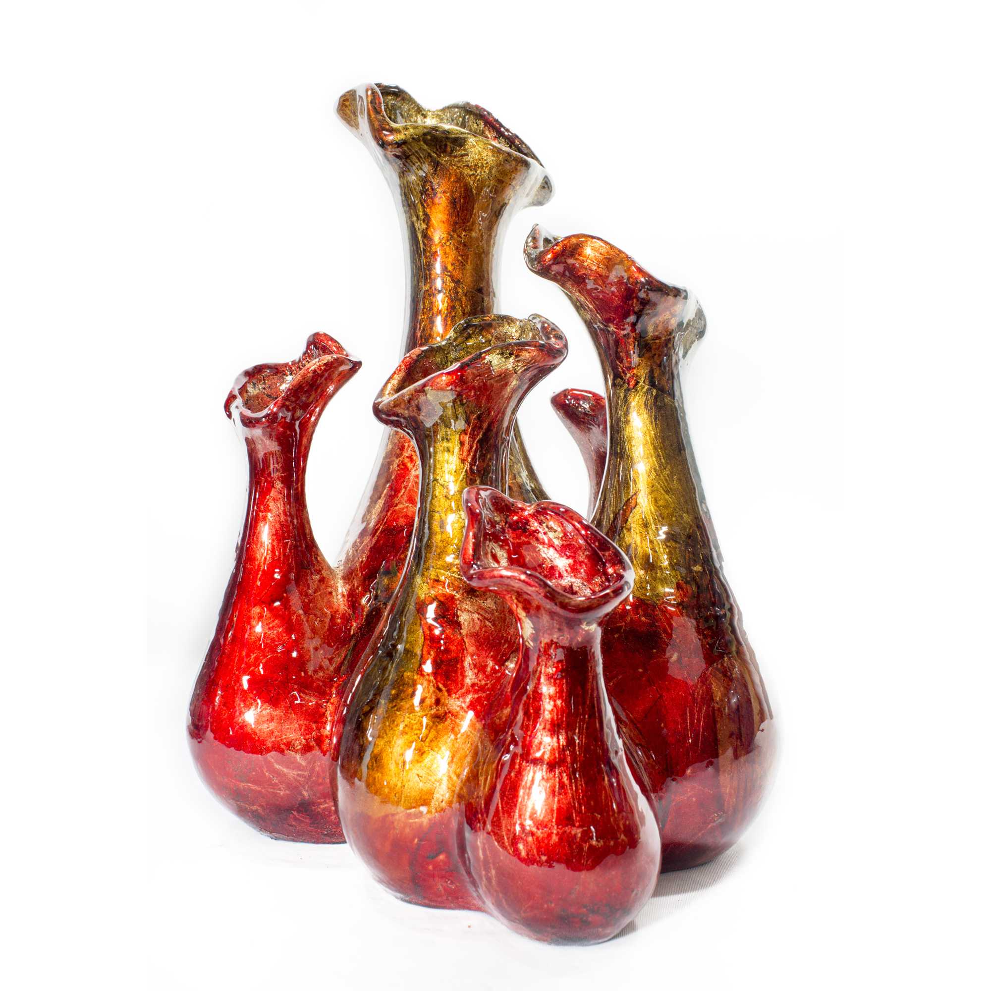 Fila Red Copper Gold Foil and Lacquer 5 Bud Ceramic Vase