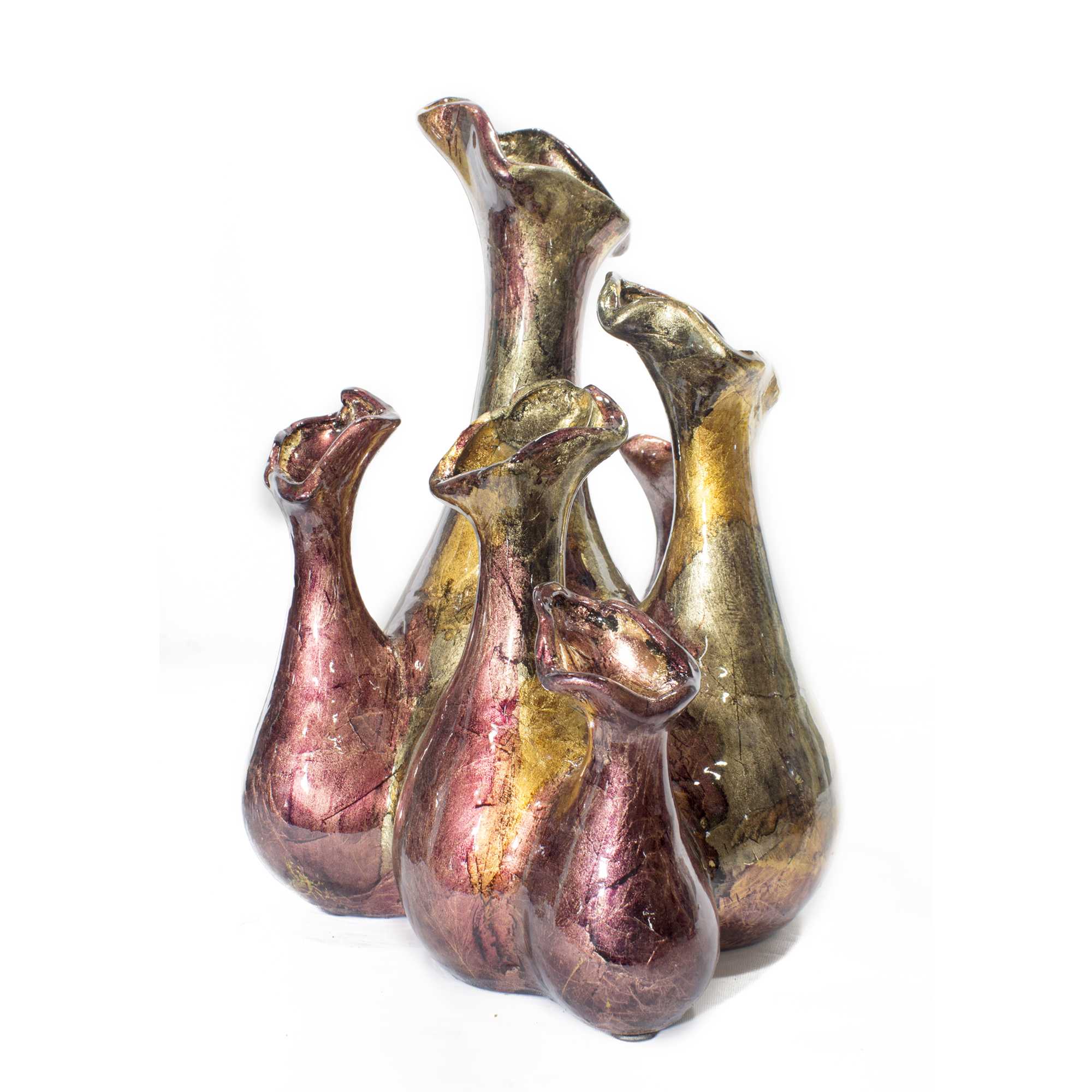 Fila Burgundy Amber Brown Foil and Lacquer 5 Bud Ceramic Vase