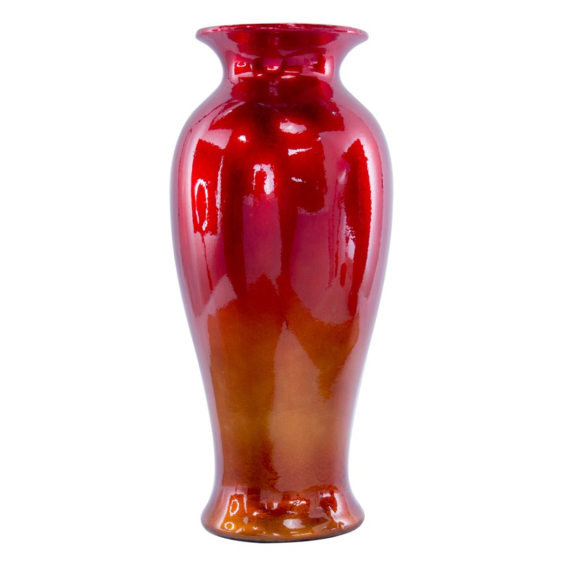 8.75" X 8.75" X 21.25" Red and Orange Ceramic Ombre Lacquered Ceramic Vase