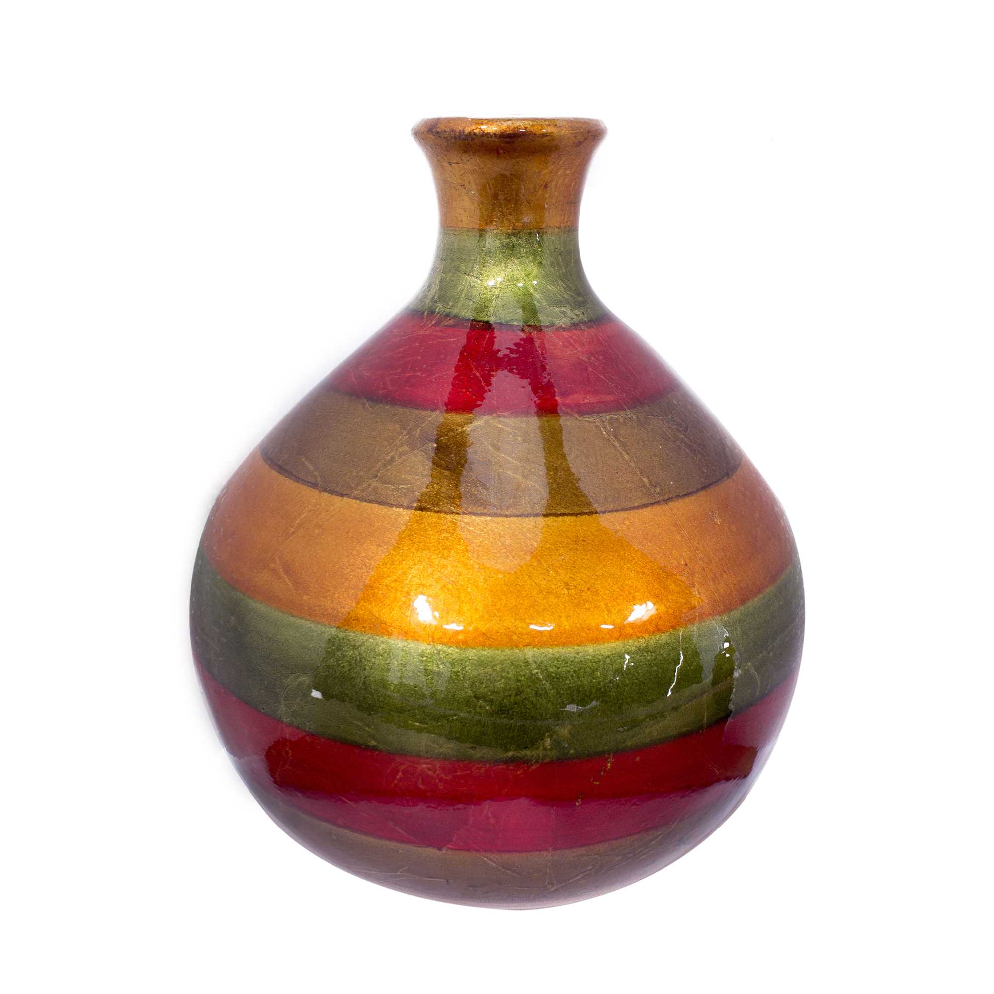 8.75" X 8.75" X 10.25" Green Red Brown Copper Ceramic Lacquered Striped Bottle Bud Vase