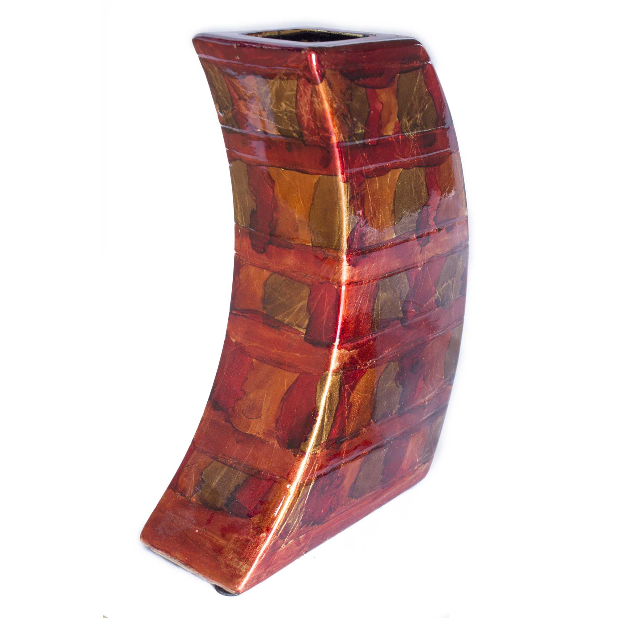 Contemporary Copper Red Gold Ceramic Foil and Lacquer Leaning Vase