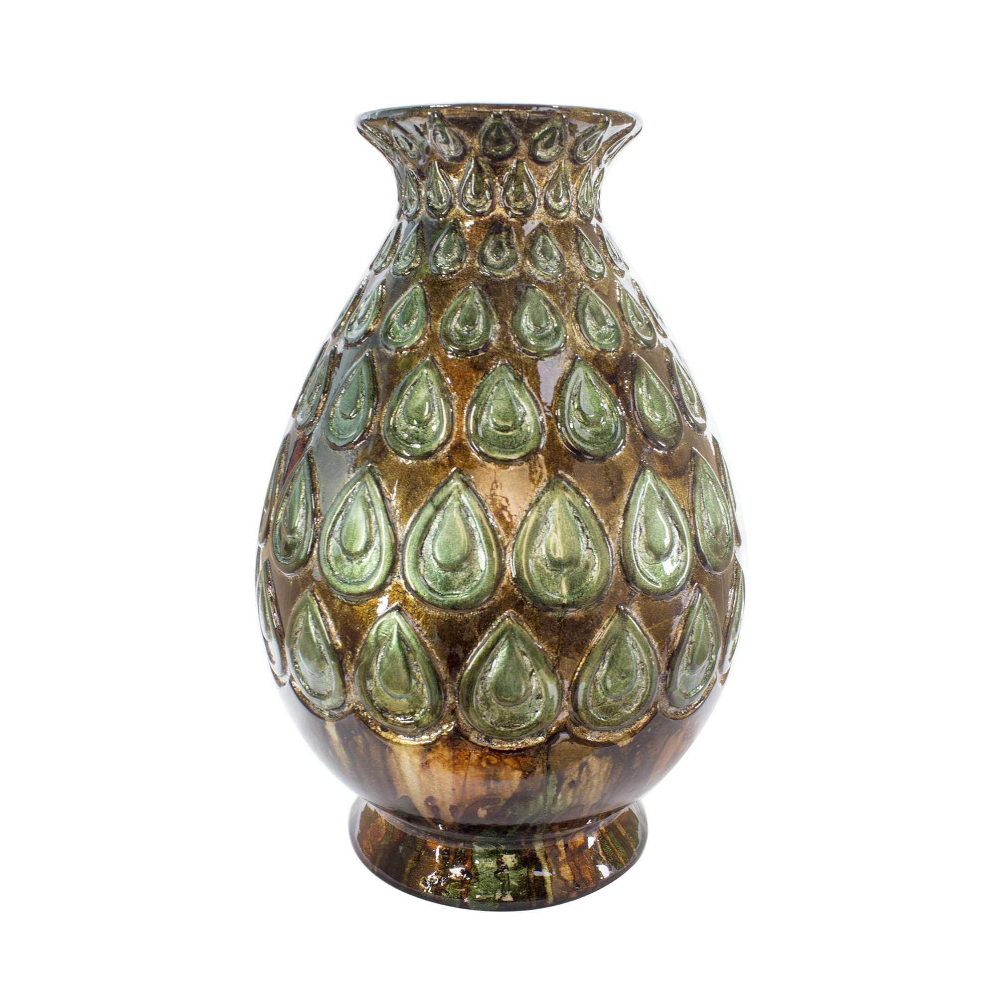8.75" X 8.75" X 14.25" Turquoise Copper Bronze Ceramic Foiled and Lacquered Pattern Stamped Vase
