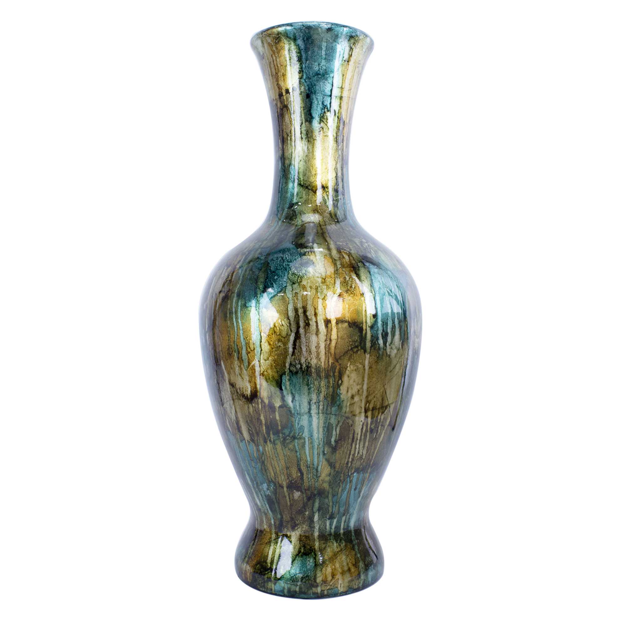 8.25" X 8.25" X 20" Turquoise Copper and Bronze Ceramic Foiled and Lacquered Vase