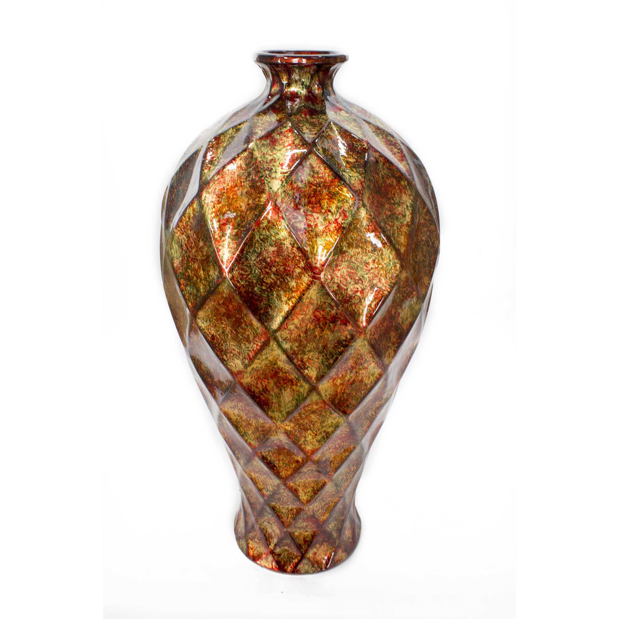 11" X 11" X 19.5" Brown Orange Red Green Ceramic Foiled and Lacquered Faceted Plum Vase