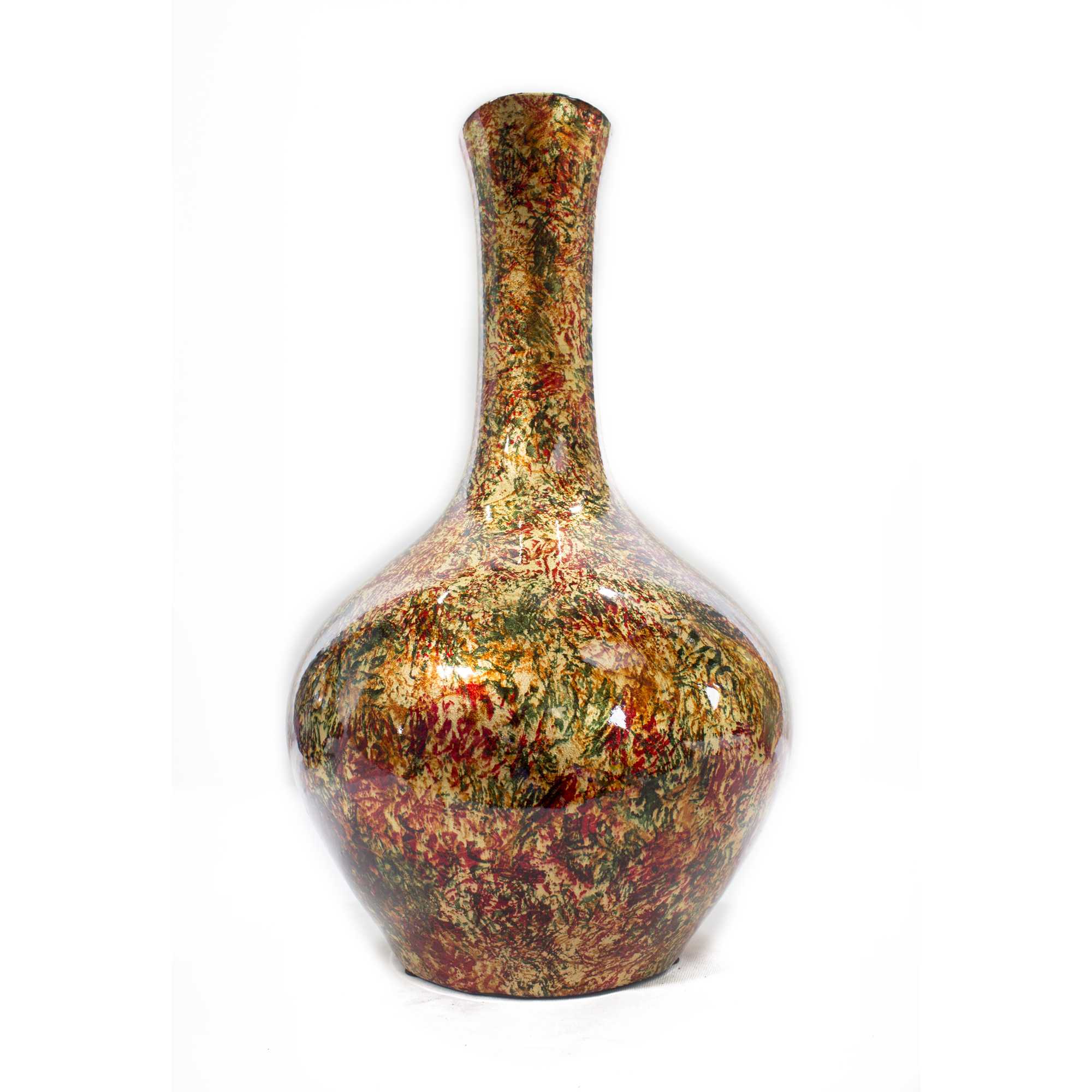 Brown Orange Red Green Ceramic Foil and Lacquer Long Neck Bottle Vase