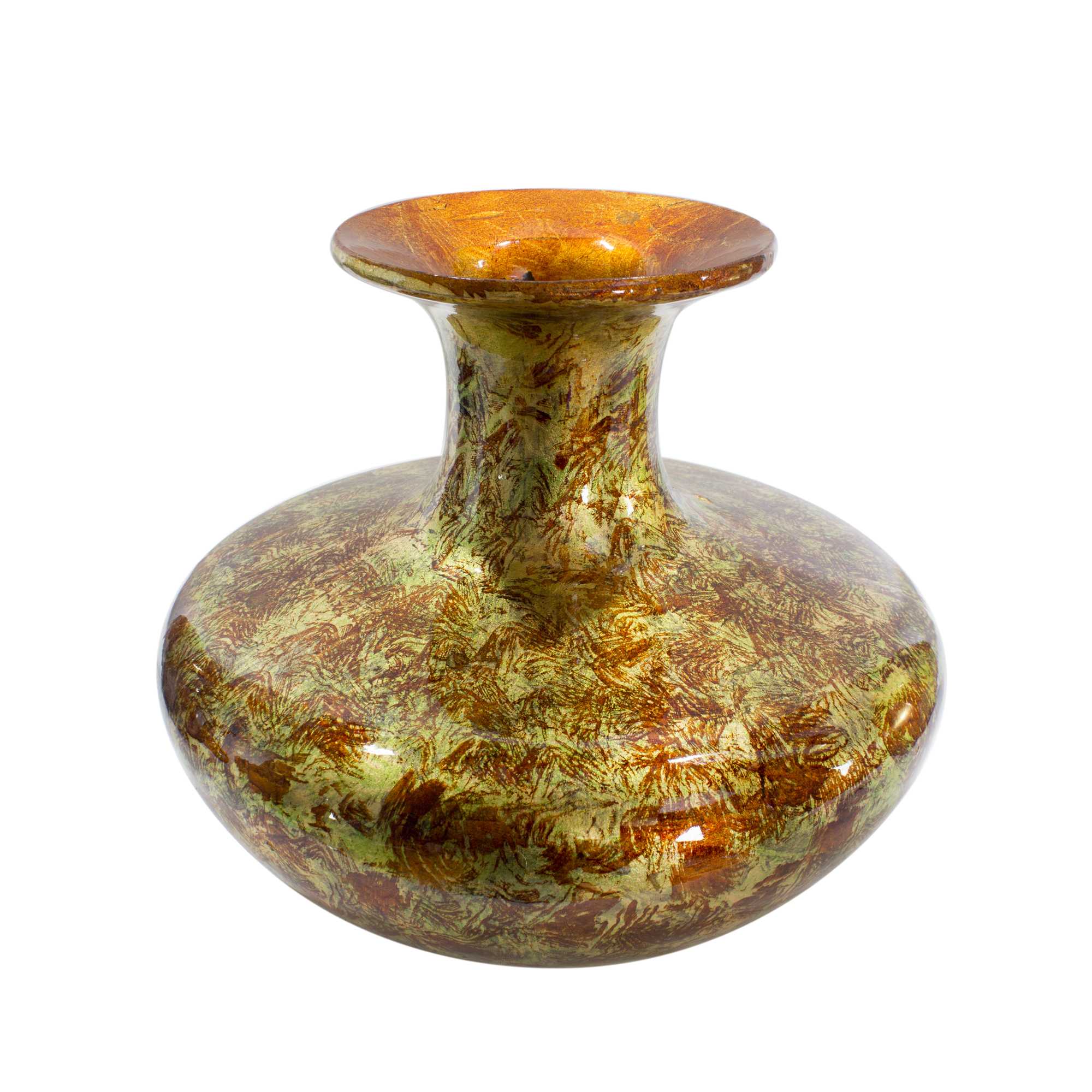 Shades of Gold Green and Red Ceramic Foil and Lacquer Rotund Vase