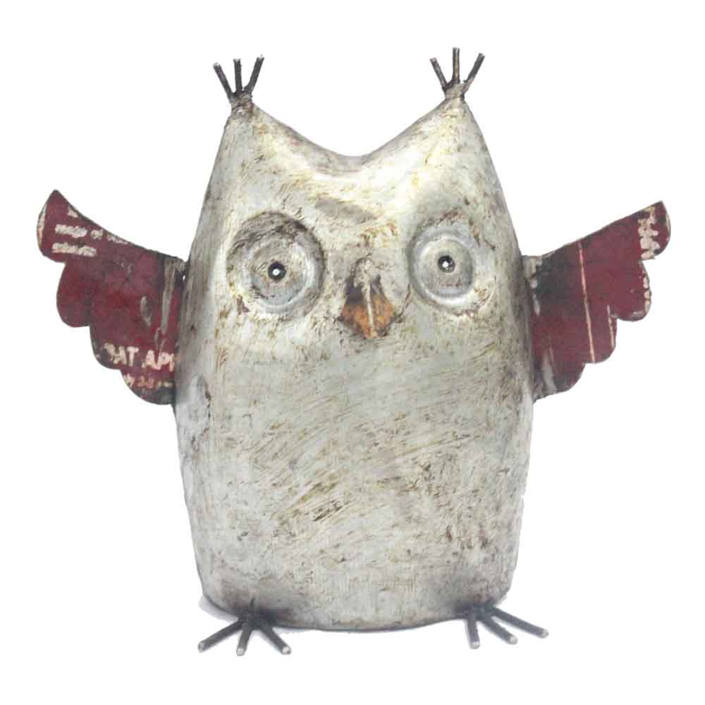 3.5" x 8" x 6.5" Silver Red Yellow Reclaimed Iron Owl