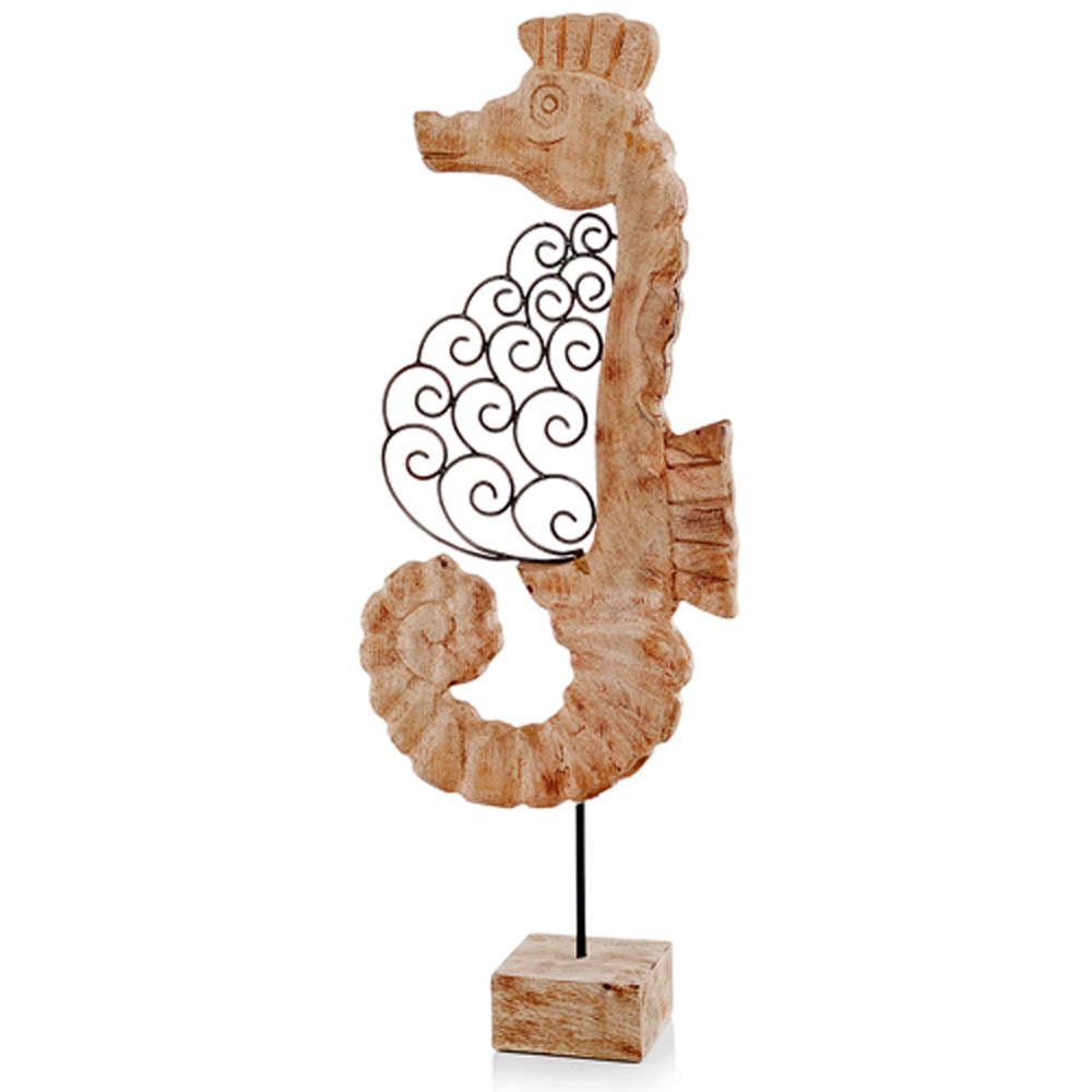 6" x 12.5" x 33" Natural and Black Iron Scroll Wood Seahorse on Stand