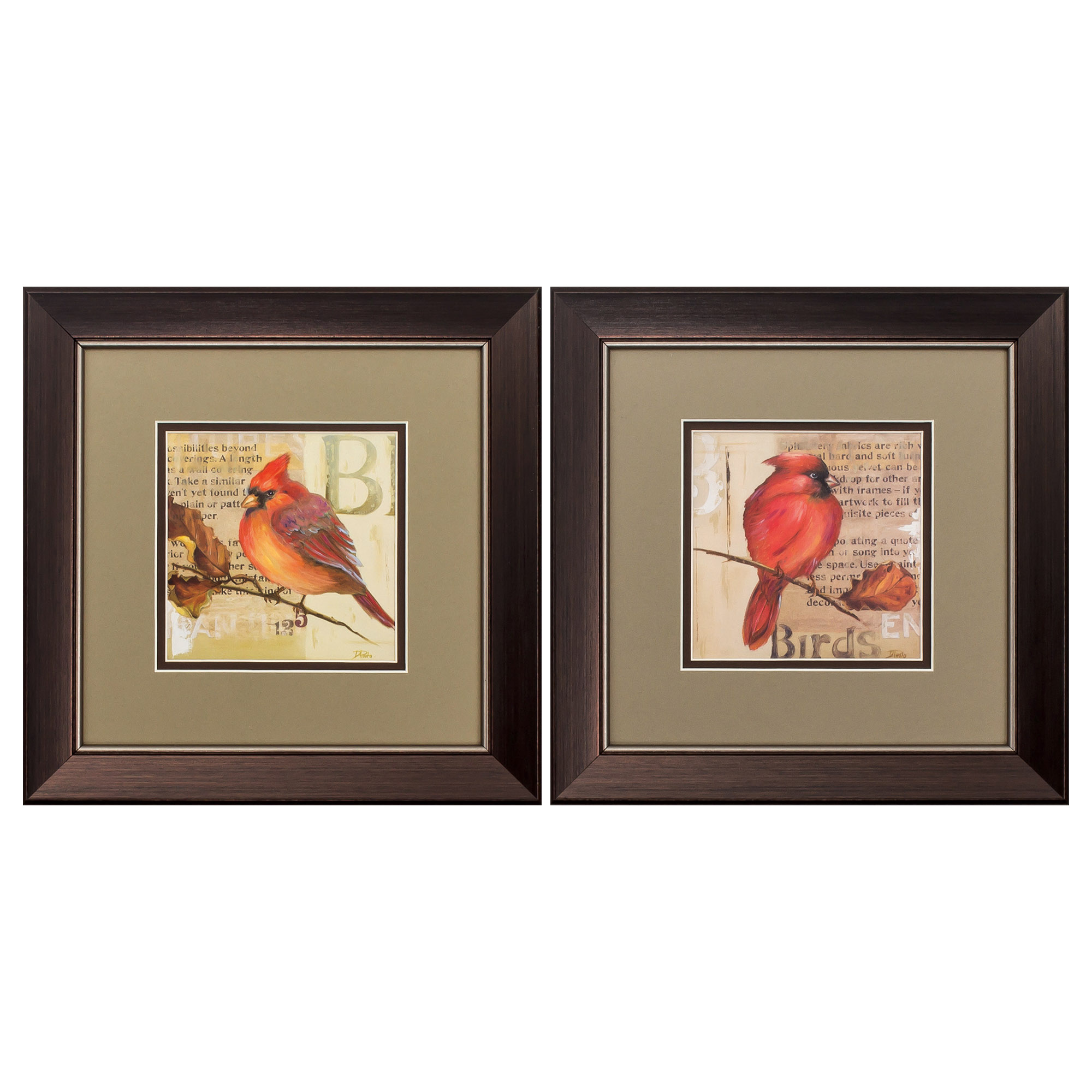 13" X 13" Brown Frame Red Bird (Set of 2)