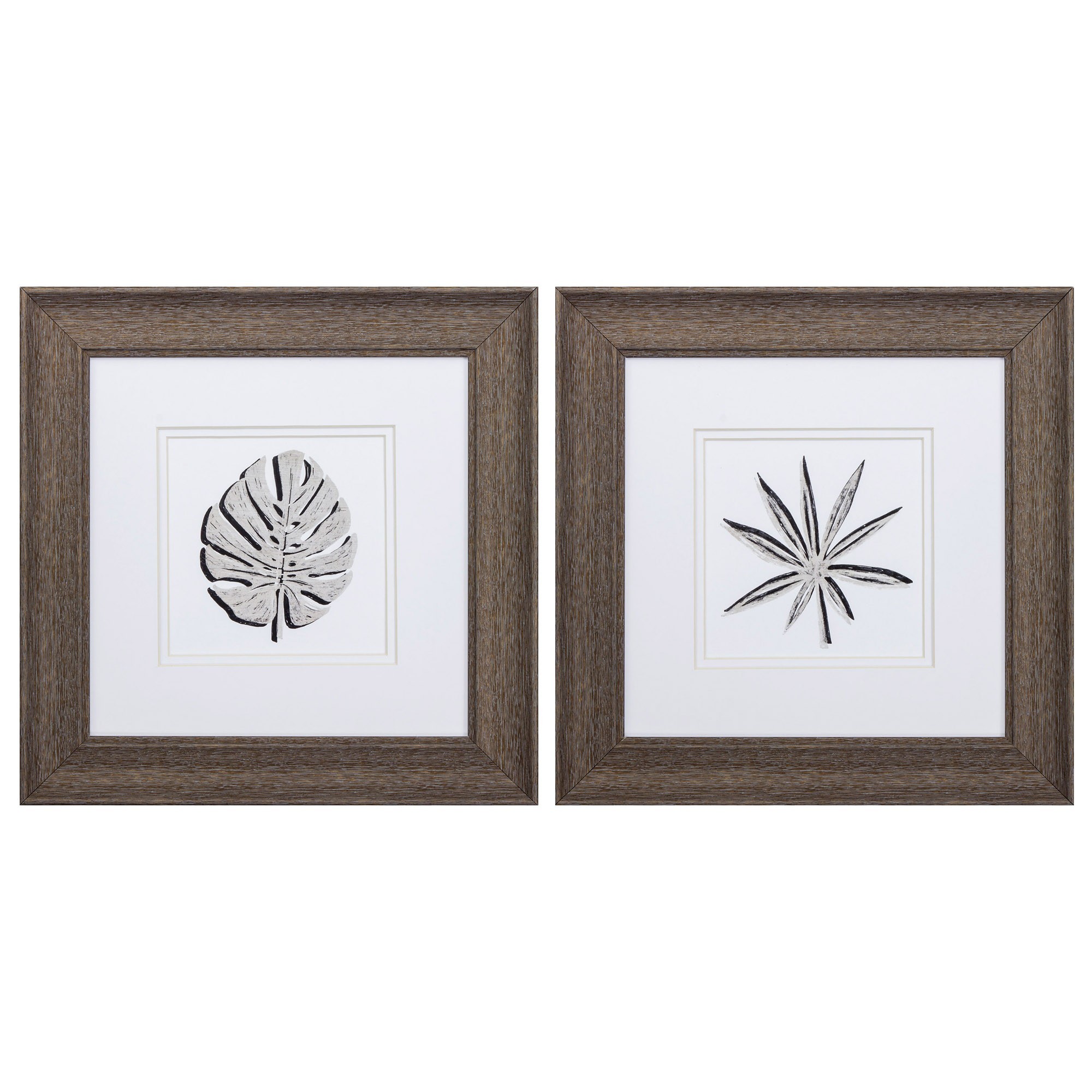 13" X 13" Distressed Wood Toned Frame Cut Paper Palms (Set of 2)