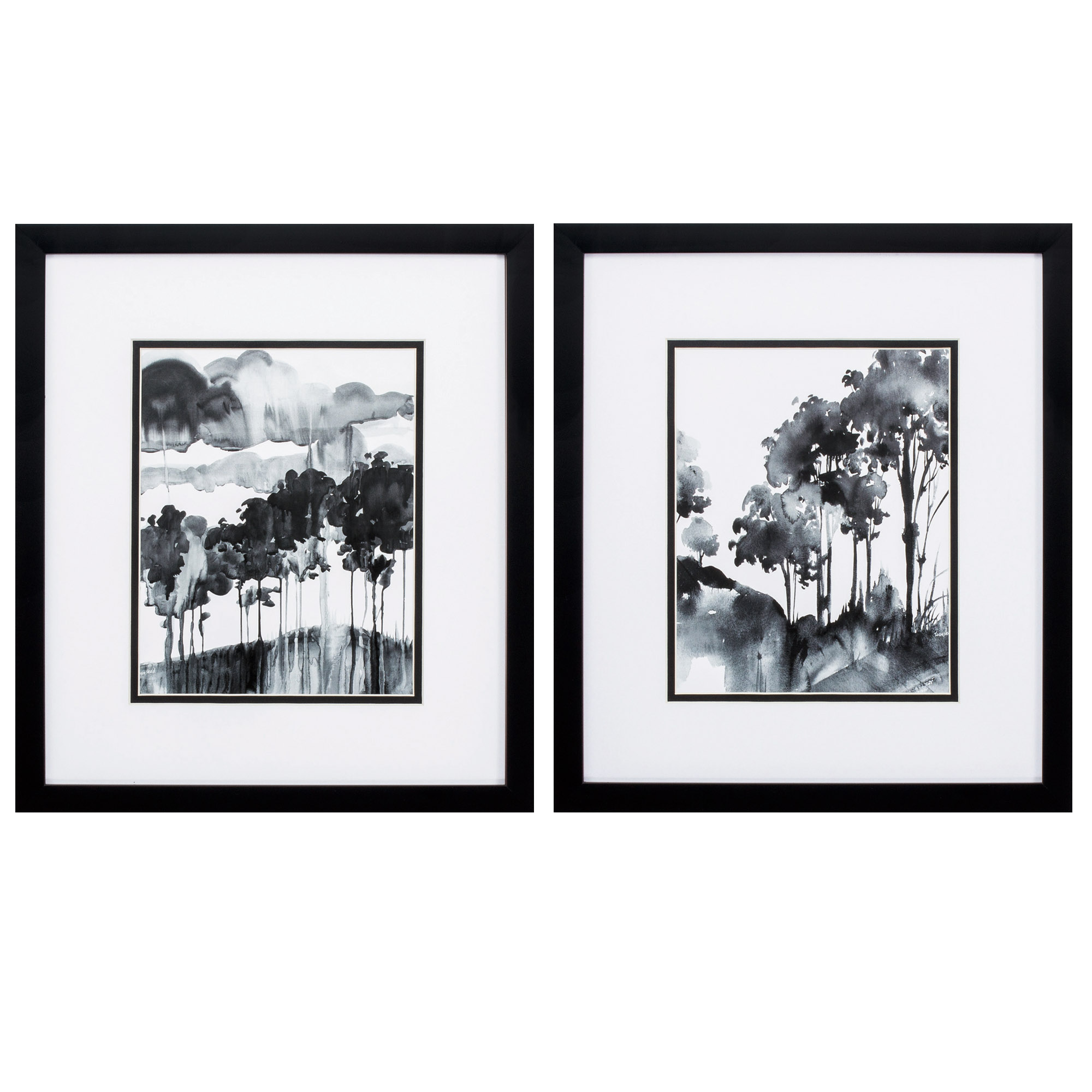 14" X 16" Silver Frame Ink Wash Trees (Set of 2)