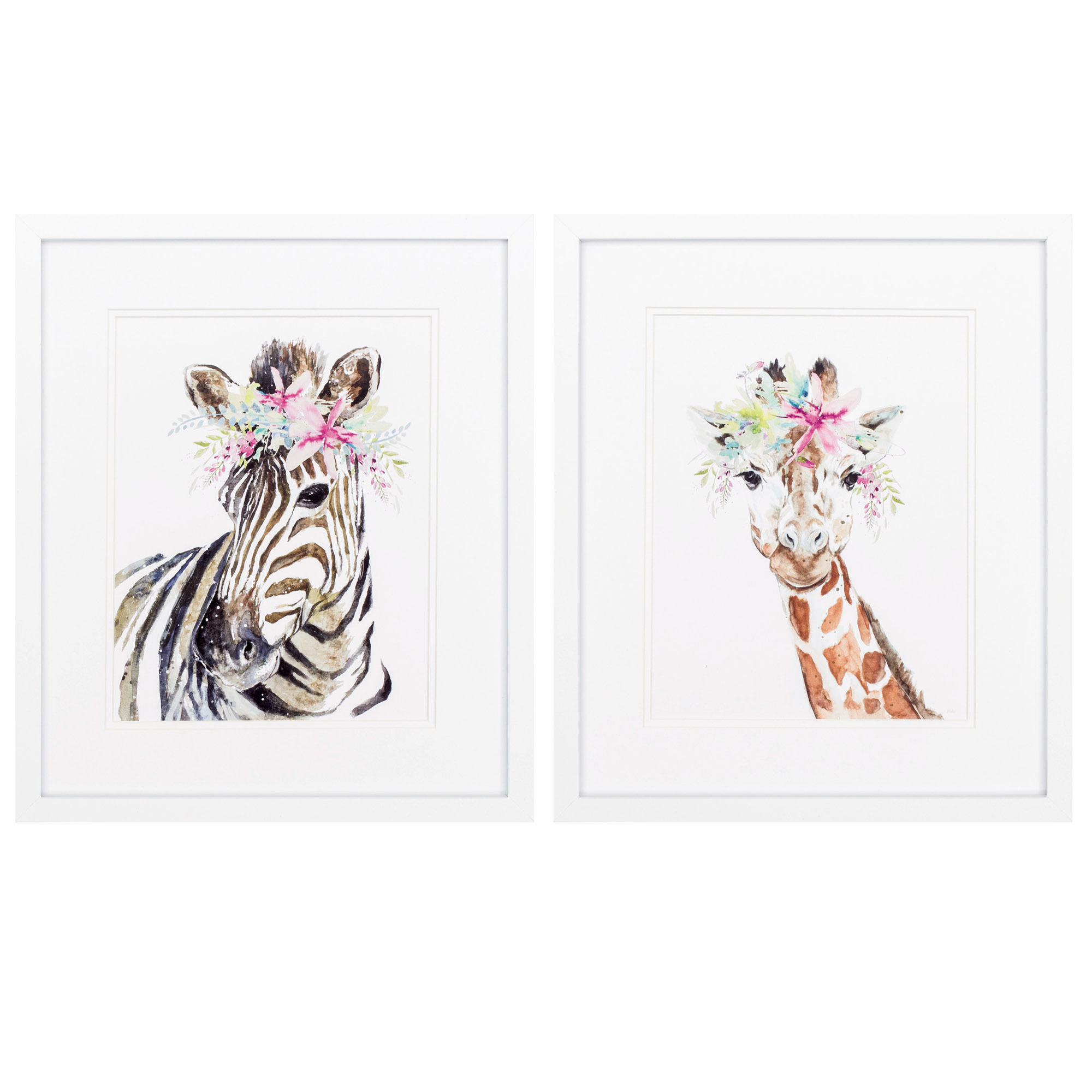 17" X 20" Matte White Frame Zebra Giraffe (Set of 2)