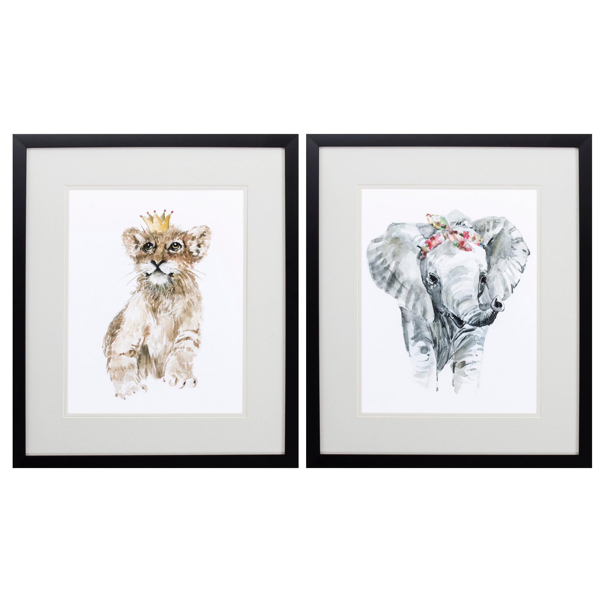 17" X 20" Silver Frame Lion Cub Elephant (Set of 2)