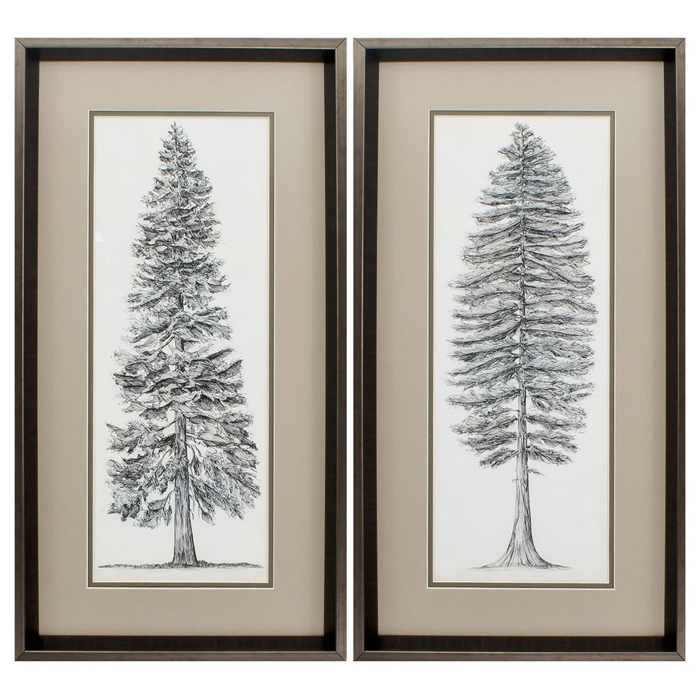 14" X 26" Brushed Silver Frame Pacific Tree Sketch (Set of 2)