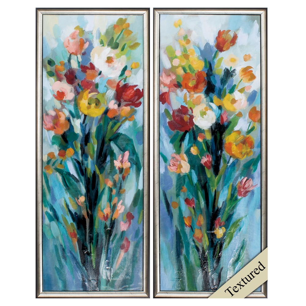 14" X 36" Silver Frame Tall Bright Flowers (Set of 2)