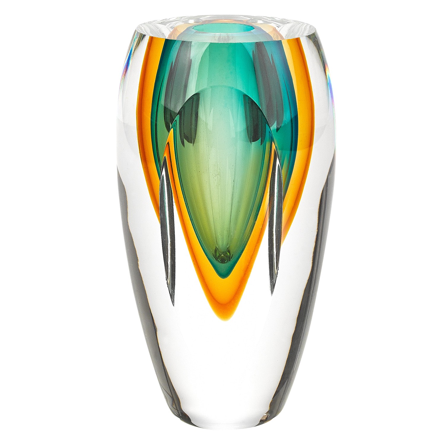 9.5" Mouth Blown Amber & Green Art Glass Vase