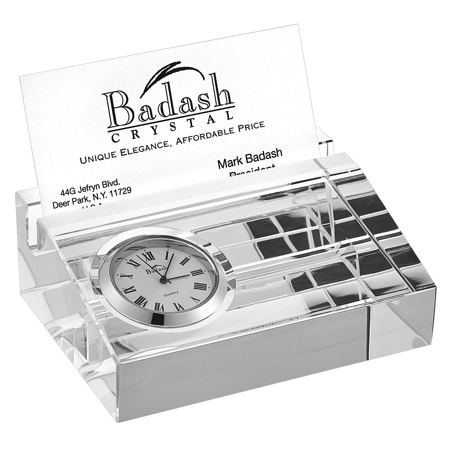 4" Clear Crystal Business Card Holder with Inlaid Clock