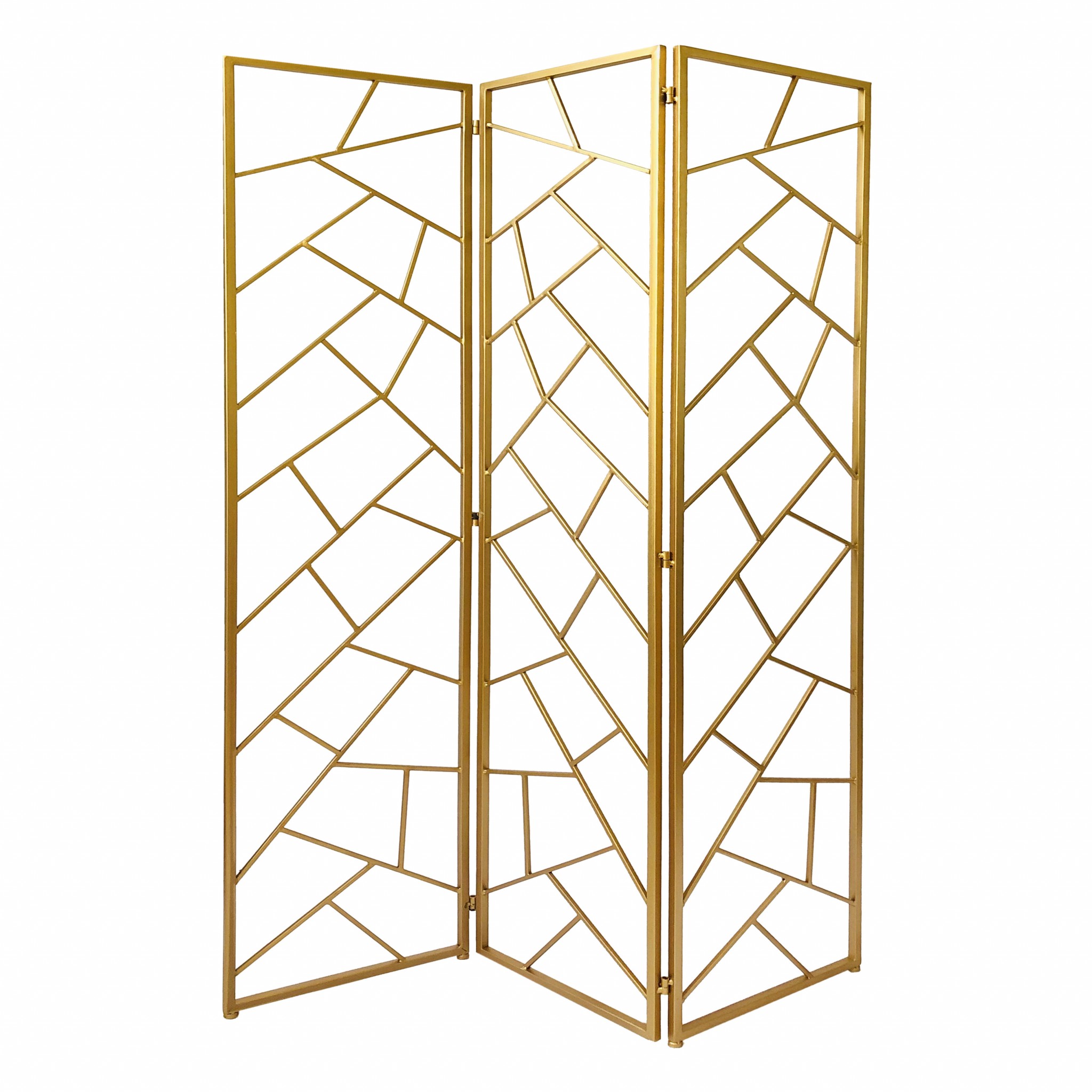 3 Panel Gold Room Divider with Geometric Motif