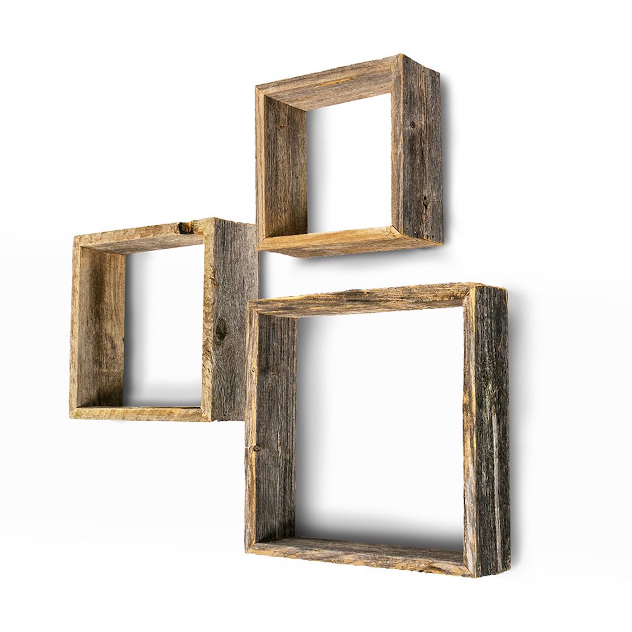 Set of 3 Square Rustic Natural Weathered Grey Wood Open Box Shelve