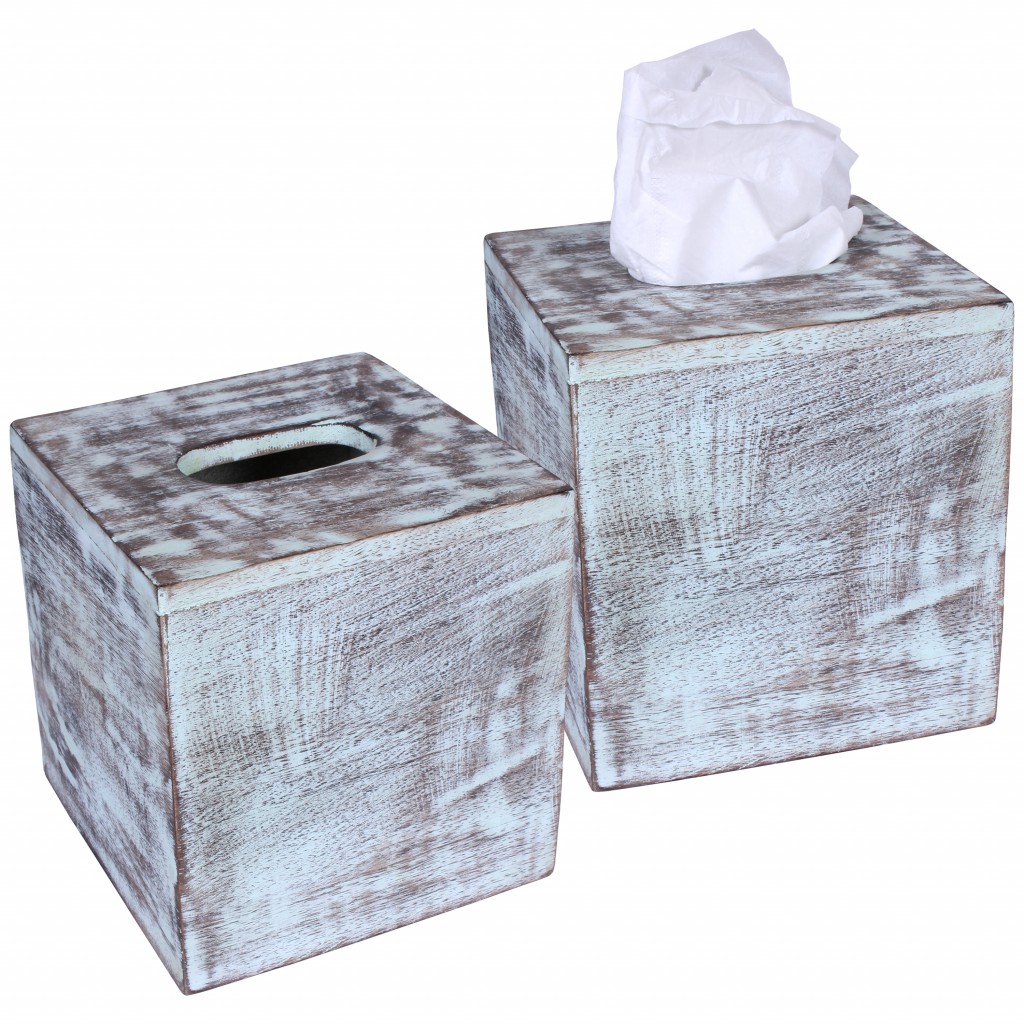 Set of 2 Rustic Green Washed Mango Wood Square Tissue Holders