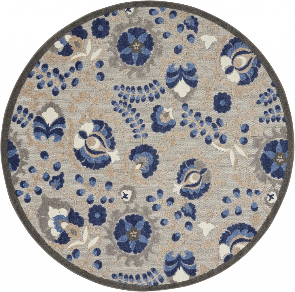5 Round Natural and Blue Indoor Outdoor Area Rug