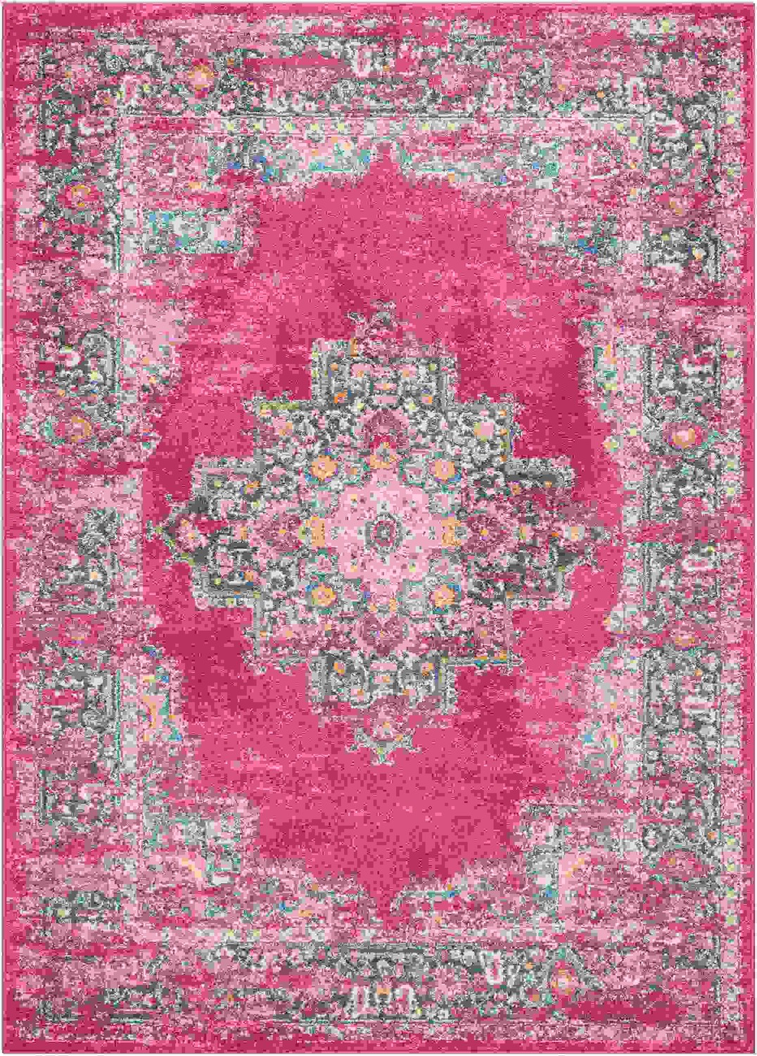 7 x 10 Fuchsia and Blue Distressed Area Rug