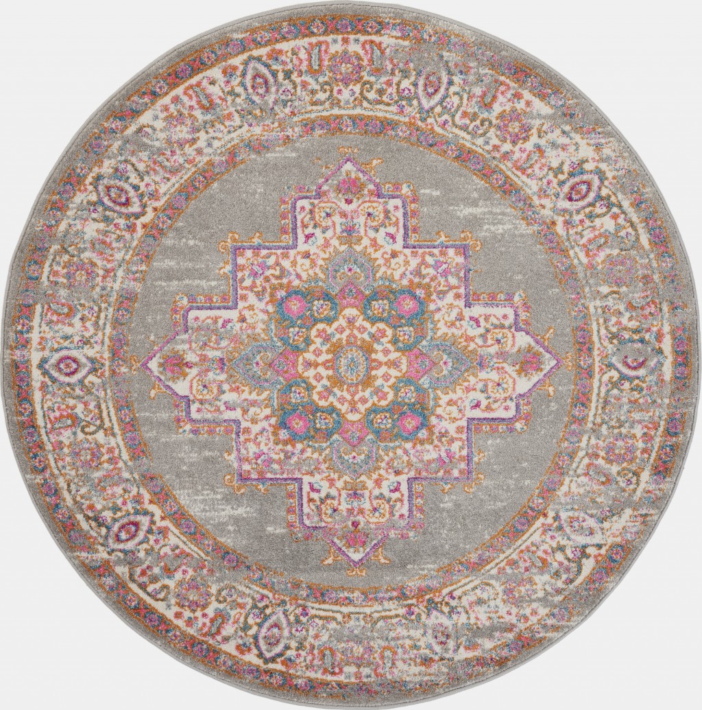 4 Round Gray and Gold Medallion Area Rug