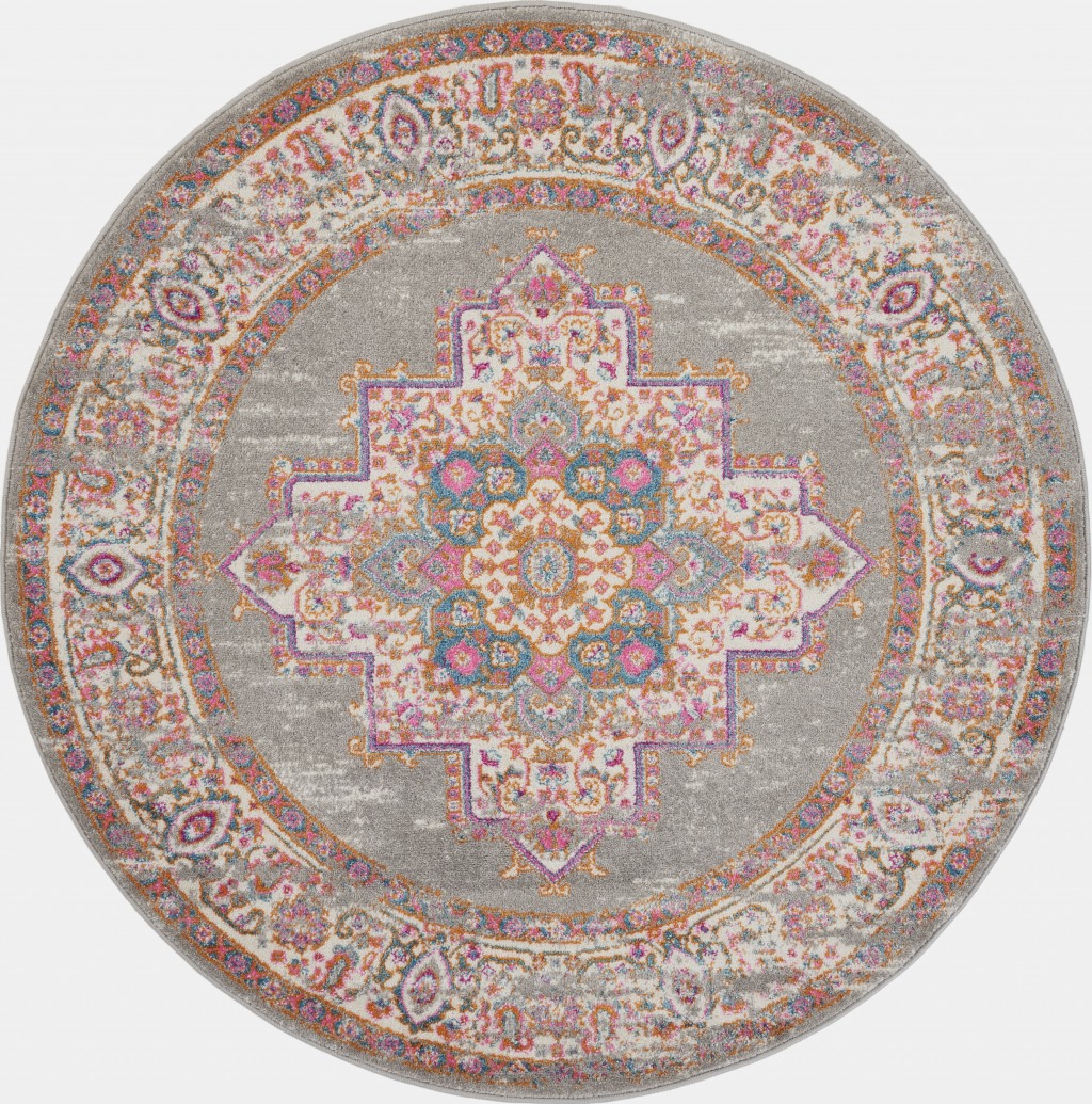 5 Round Gray and Gold Medallion Area Rug