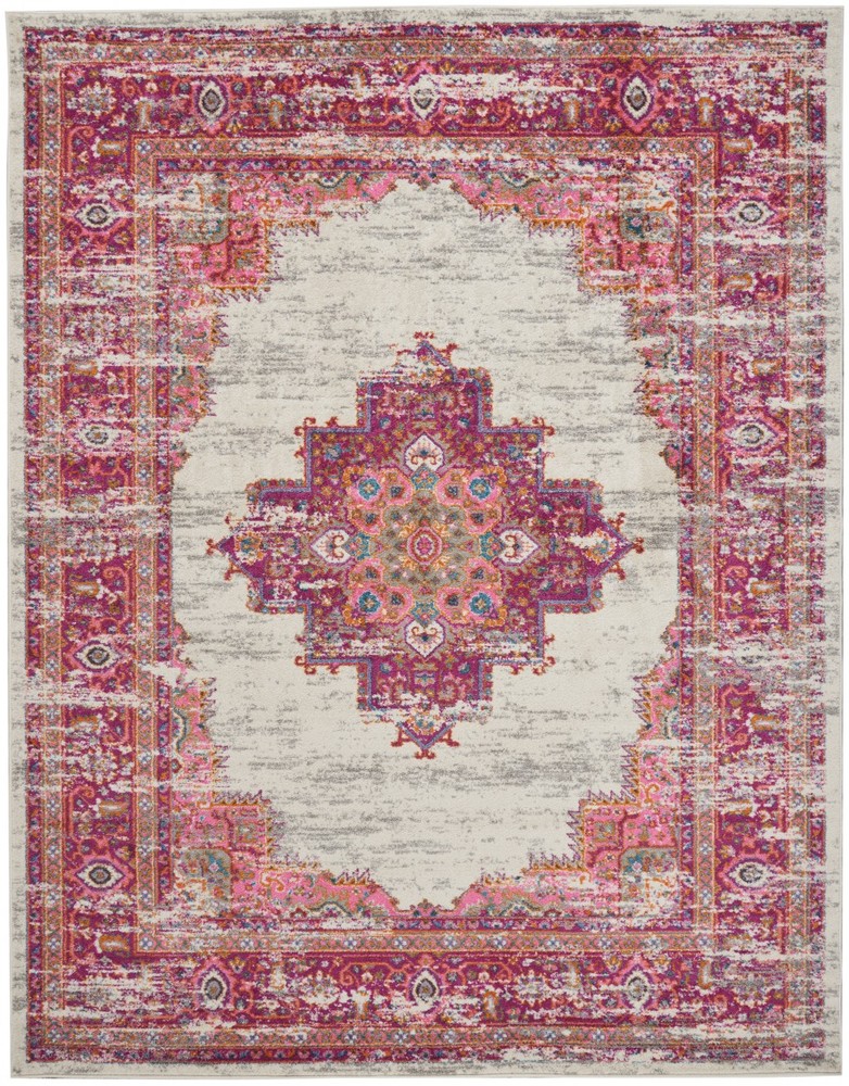 7 x 10' Ivory and Fuchsia Distressed Area Rug