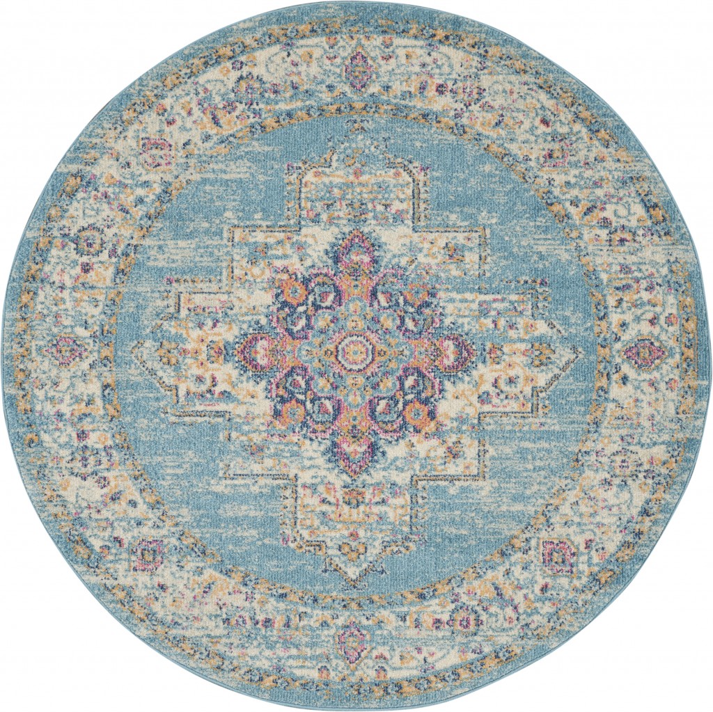 4 Round Light Blue Distressed Medallion Area Rug